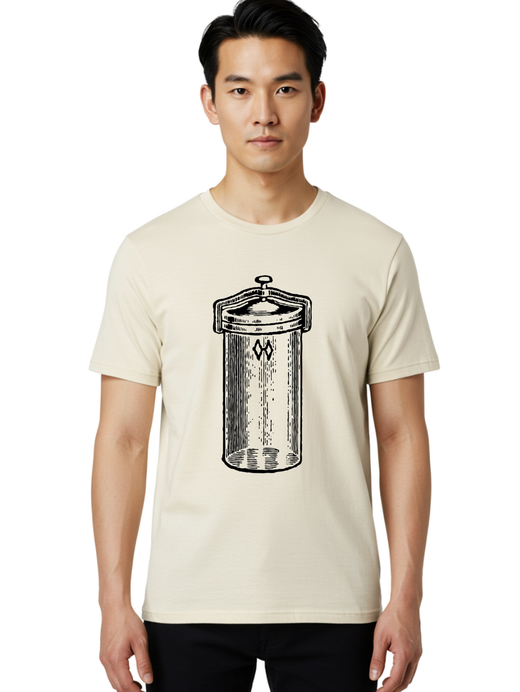 Cylindrical-Canister Men'S Graphic Tee, 100% Cotton, Comfortable Casual Summer Wear, Machine Washable, Cylindrical Container, Vintage Design, Hand-Drawn Illustration, Mysterious Symbol, Abstract Artwork, Minimalist Style, Geometric Shapes, Aad589