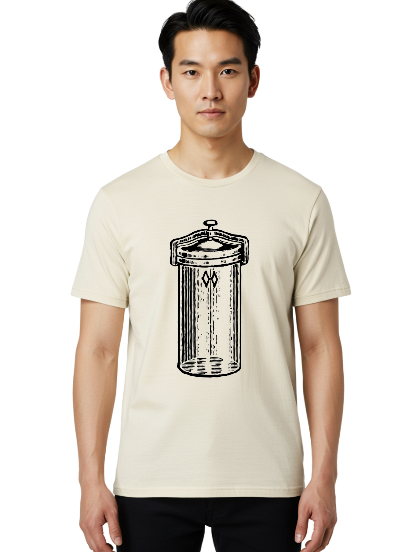 Cylindrical-Canister Men'S Graphic Tee, 100% Cotton, Comfortable Casual Summer Wear, Machine Washable, Cylindrical Container, Vintage Design, Hand-Drawn Illustration, Mysterious Symbol, Abstract Artwork, Minimalist Style, Geometric Shapes, Aad589