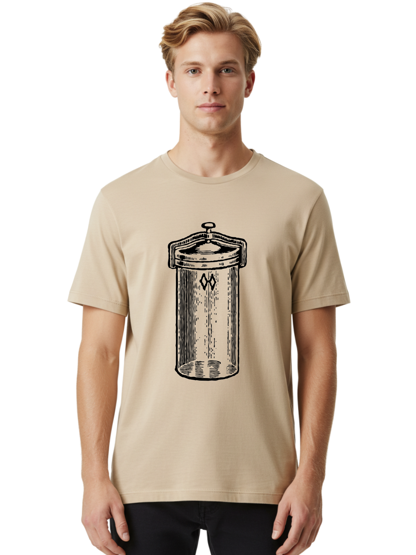 Cylindrical-Canister Men'S Graphic Tee, 100% Cotton, Comfortable Casual Summer Wear, Machine Washable, Cylindrical Container, Vintage Design, Hand-Drawn Illustration, Mysterious Symbol, Abstract Artwork, Minimalist Style, Geometric Shapes, Aad589