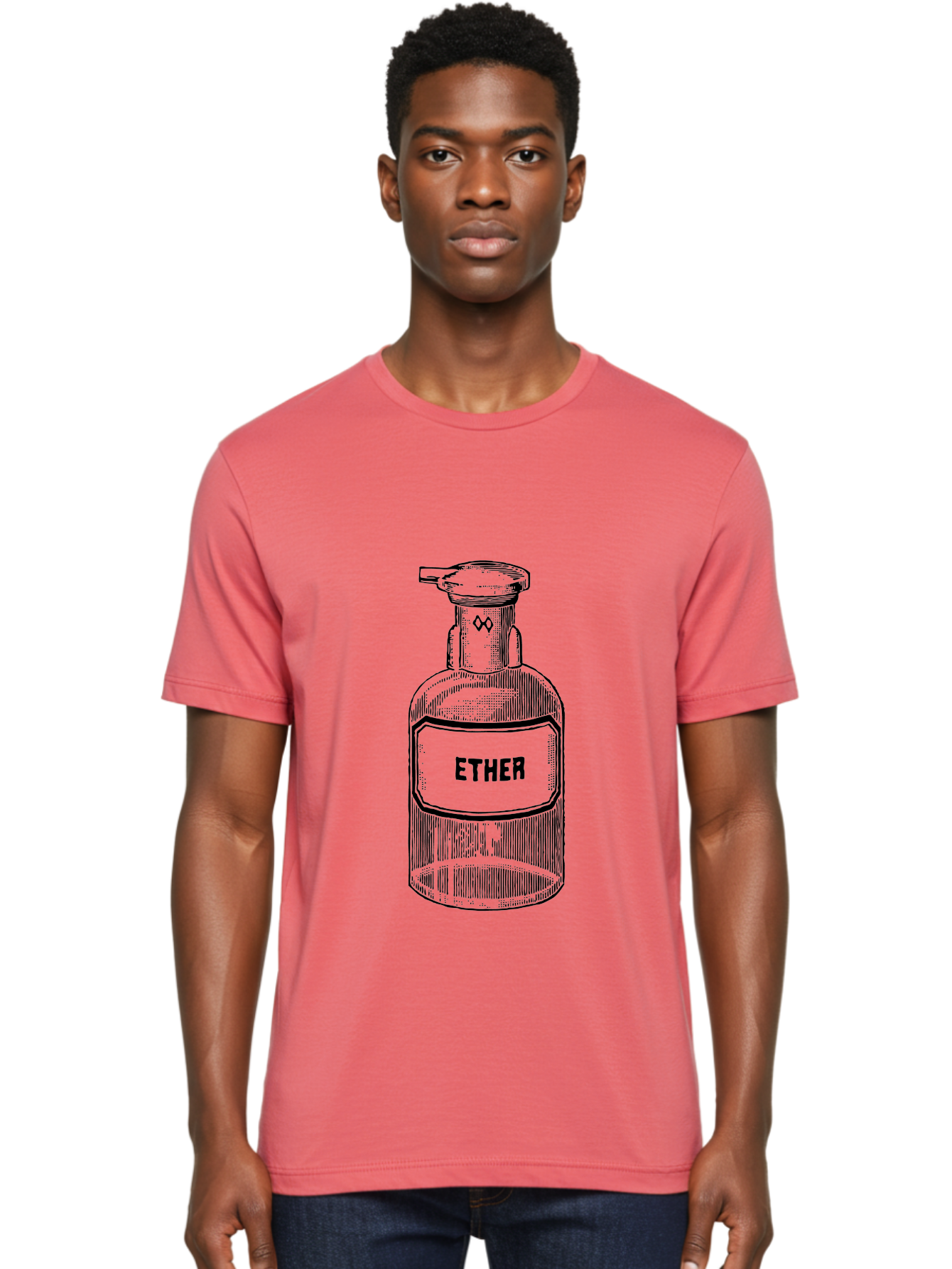 Ether-Bottle Men'S Graphic Tee, 100% Cotton, Comfortable Casual Summer Wear, Machine Washable, Vintage Apothecary Bottle, Laboratory Equipment, Ether Label, Antique Glassware, Old-Fashioned Container, Chemical Storage, Retro Illustration, Aad598