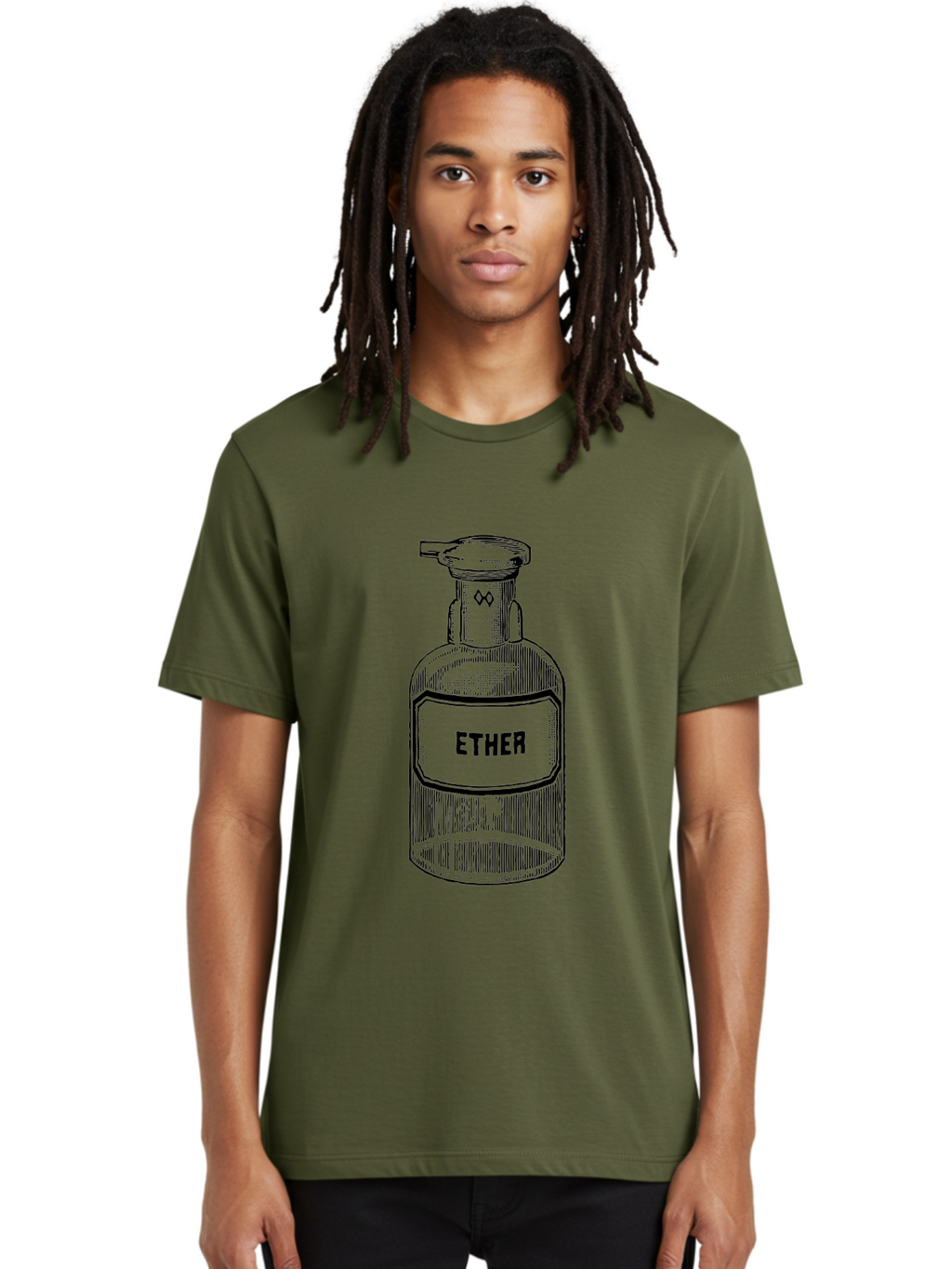 Ether-Bottle Men'S Graphic Tee, 100% Cotton, Comfortable Casual Summer Wear, Machine Washable, Vintage Apothecary Bottle, Laboratory Equipment, Ether Label, Antique Glassware, Old-Fashioned Container, Chemical Storage, Retro Illustration, Aad598