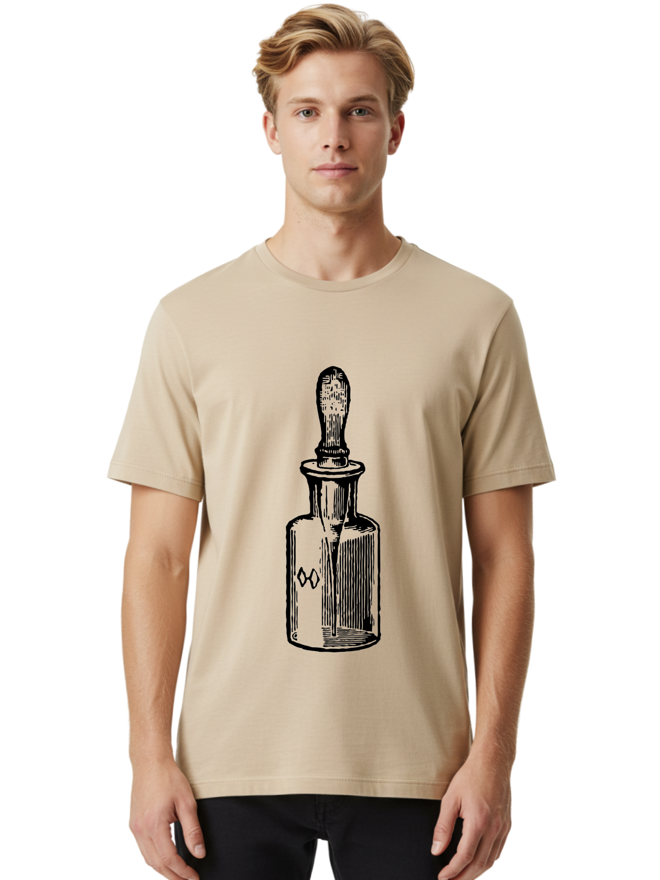 Glass-Bottle-Dropper Men'S Graphic Tee, 100% Cotton, Comfortable Casual Summer Wear, Machine Washable, Glass Bottle, Medicine Container, Vintage Apothecary, Stopper, Medical Equipment, Retro Pharmacy, Historical Medicine Aad602