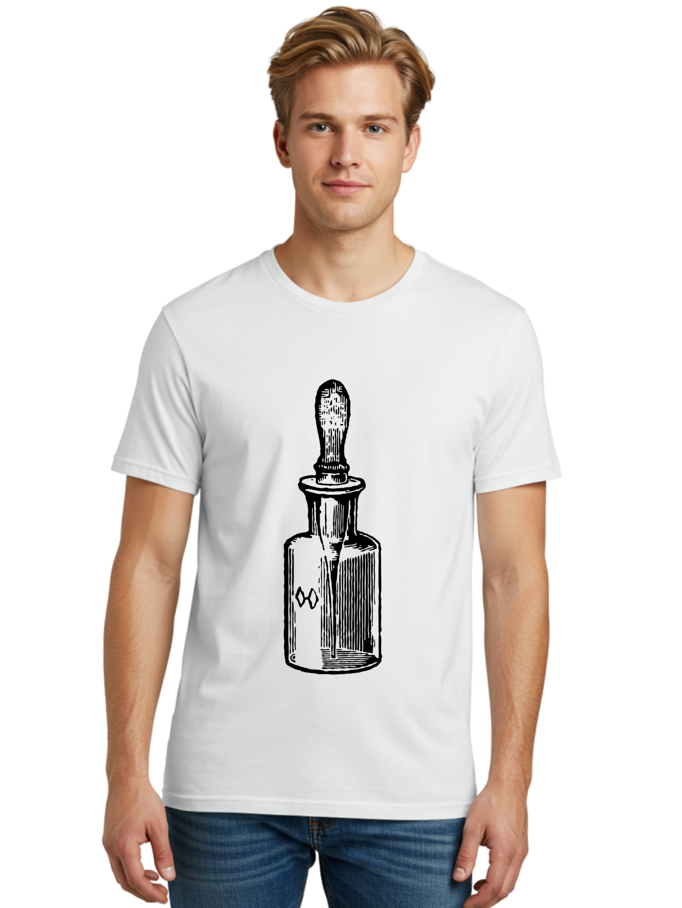 Glass-Bottle-Dropper Men'S Graphic Tee, 100% Cotton, Comfortable Casual Summer Wear, Machine Washable, Glass Bottle, Medicine Container, Vintage Apothecary, Stopper, Medical Equipment, Retro Pharmacy, Historical Medicine Aad602