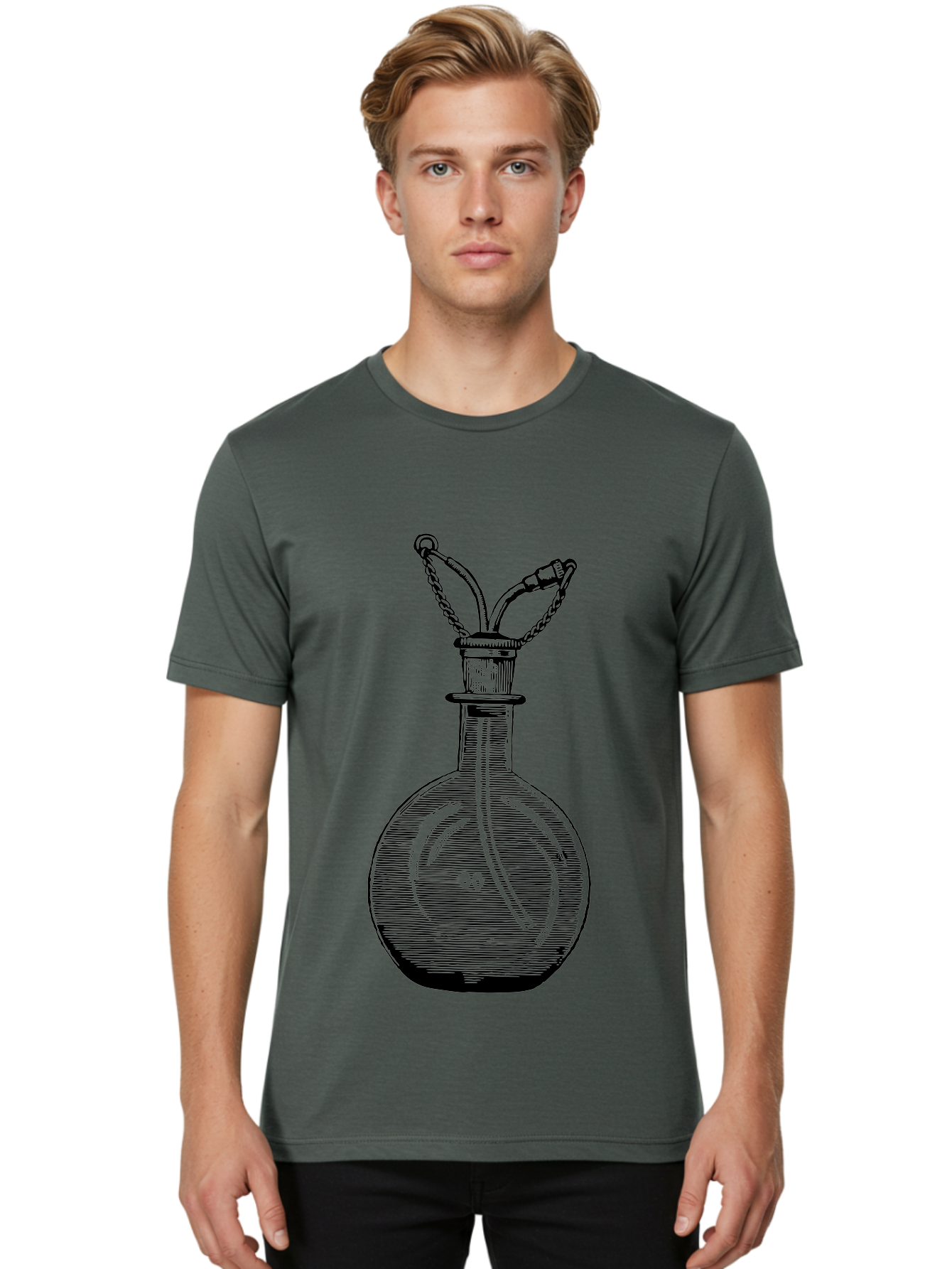 Glass-Bottle-With-Tube Men'S Graphic Tee, 100% Cotton, Comfortable Casual Summer Wear, Machine Washable, Vintage Laboratory Equipment, Scientific Glassware, Chemistry Lab, Experimental Apparatus, Antique Labware, Laboratory Flask, Aad603