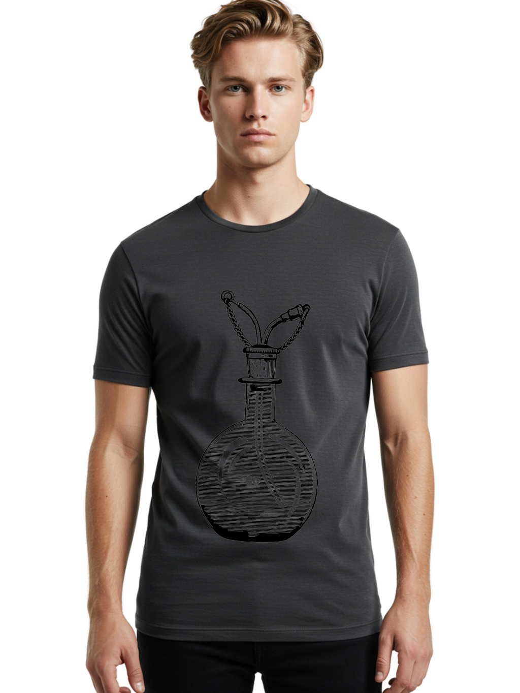 Glass-Bottle-With-Tube Men'S Graphic Tee, 100% Cotton, Comfortable Casual Summer Wear, Machine Washable, Vintage Laboratory Equipment, Scientific Glassware, Chemistry Lab, Experimental Apparatus, Antique Labware, Laboratory Flask, Aad603