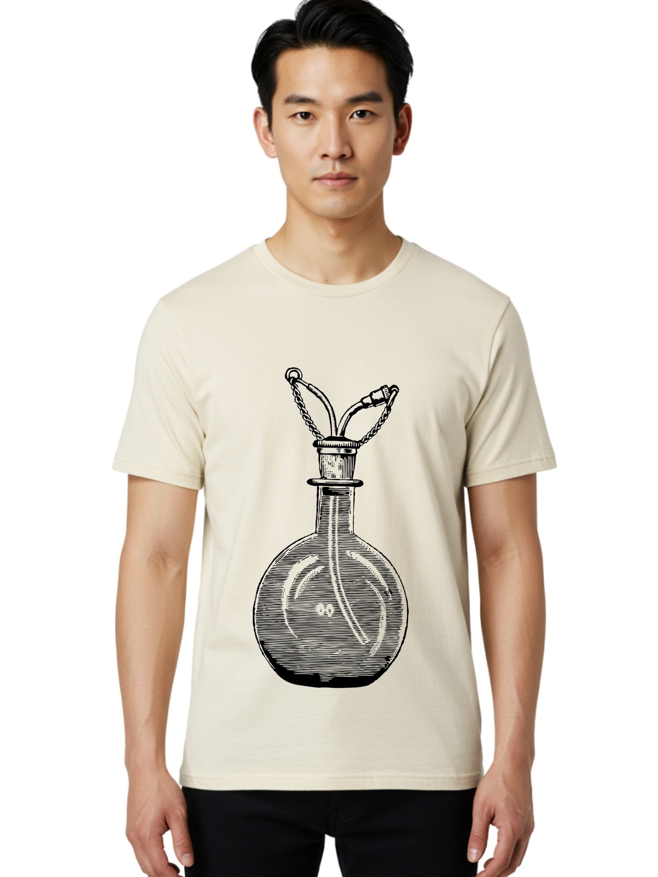 Glass-Bottle-With-Tube Men'S Graphic Tee, 100% Cotton, Comfortable Casual Summer Wear, Machine Washable, Vintage Laboratory Equipment, Scientific Glassware, Chemistry Lab, Experimental Apparatus, Antique Labware, Laboratory Flask, Aad603