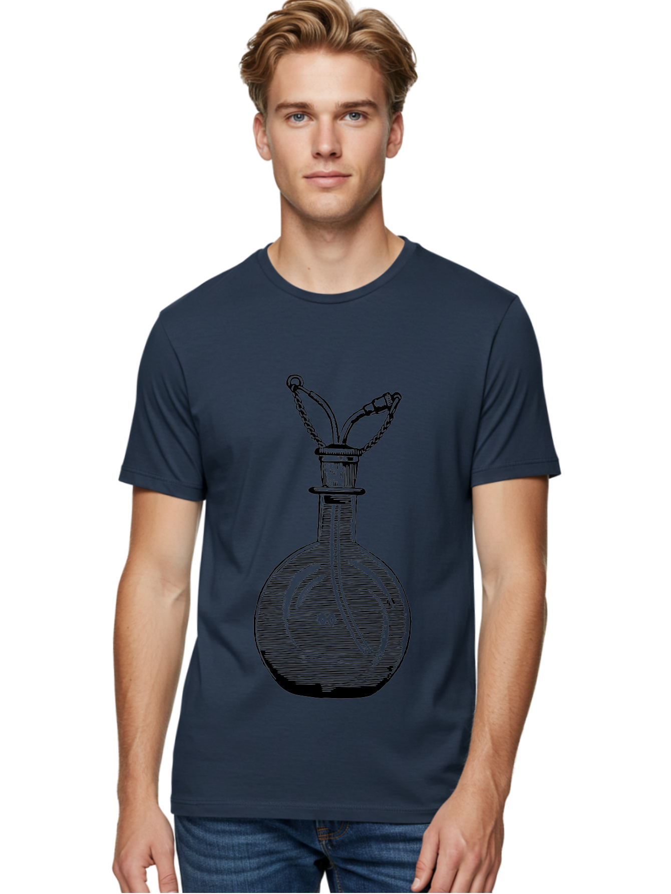 Glass-Bottle-With-Tube Men'S Graphic Tee, 100% Cotton, Comfortable Casual Summer Wear, Machine Washable, Vintage Laboratory Equipment, Scientific Glassware, Chemistry Lab, Experimental Apparatus, Antique Labware, Laboratory Flask, Aad603
