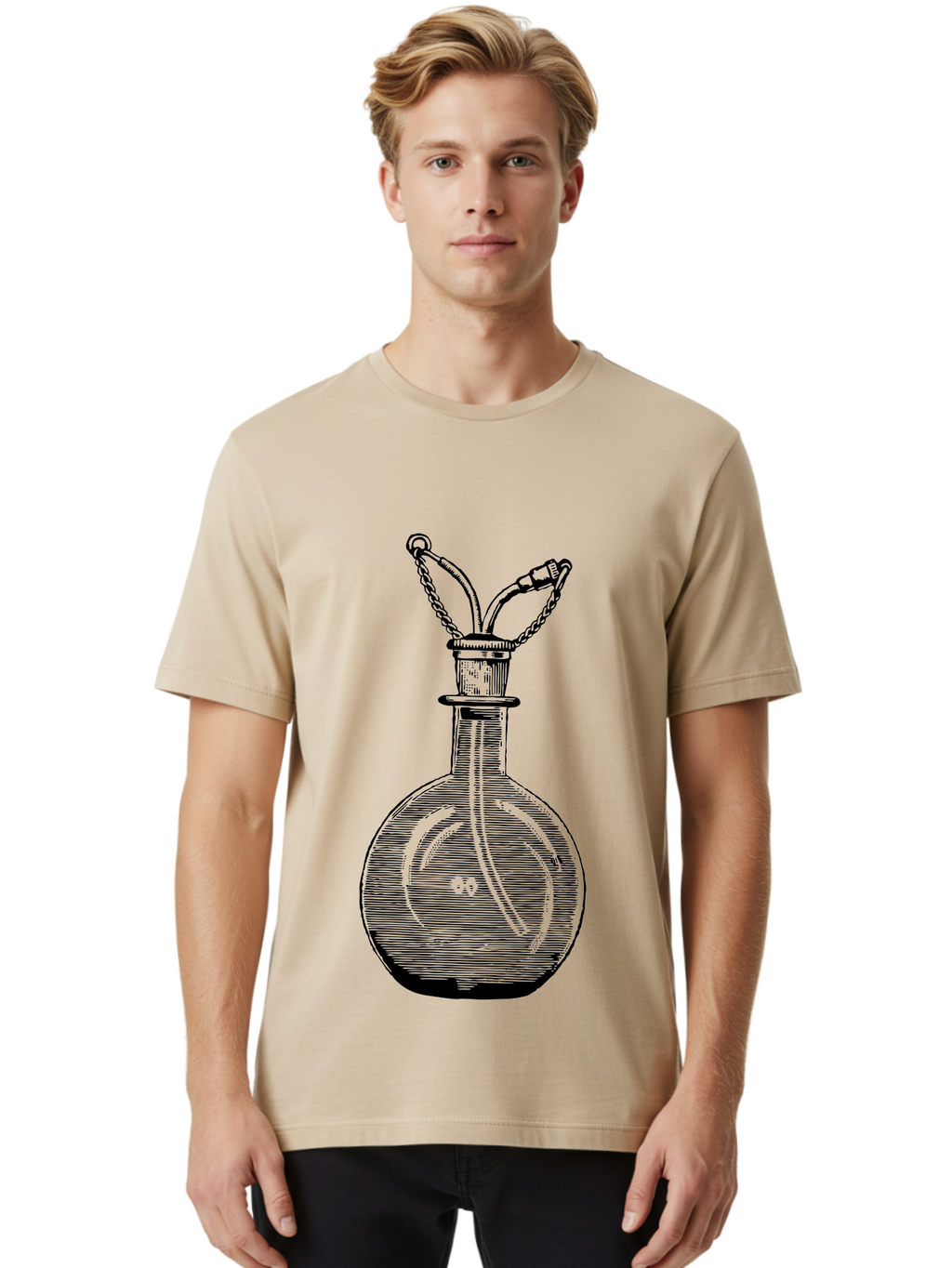 Glass-Bottle-With-Tube Men'S Graphic Tee, 100% Cotton, Comfortable Casual Summer Wear, Machine Washable, Vintage Laboratory Equipment, Scientific Glassware, Chemistry Lab, Experimental Apparatus, Antique Labware, Laboratory Flask, Aad603