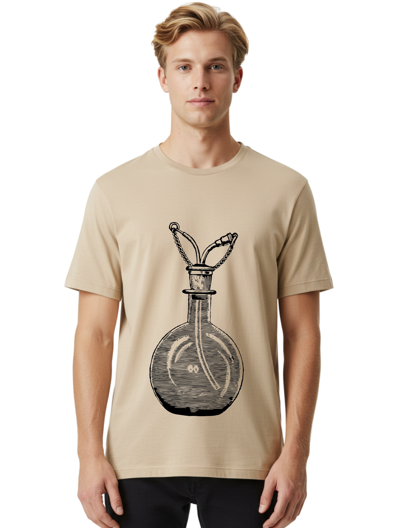 Glass-Bottle-With-Tube Men'S Graphic Tee, 100% Cotton, Comfortable Casual Summer Wear, Machine Washable, Vintage Laboratory Equipment, Scientific Glassware, Chemistry Lab, Experimental Apparatus, Antique Labware, Laboratory Flask, Aad603