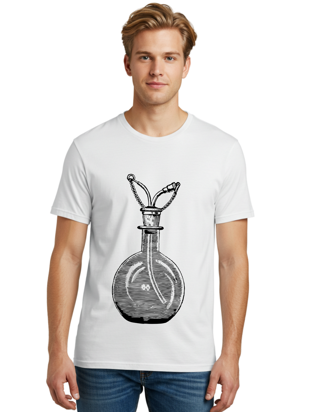 Glass-Bottle-With-Tube Men'S Graphic Tee, 100% Cotton, Comfortable Casual Summer Wear, Machine Washable, Vintage Laboratory Equipment, Scientific Glassware, Chemistry Lab, Experimental Apparatus, Antique Labware, Laboratory Flask, Aad603