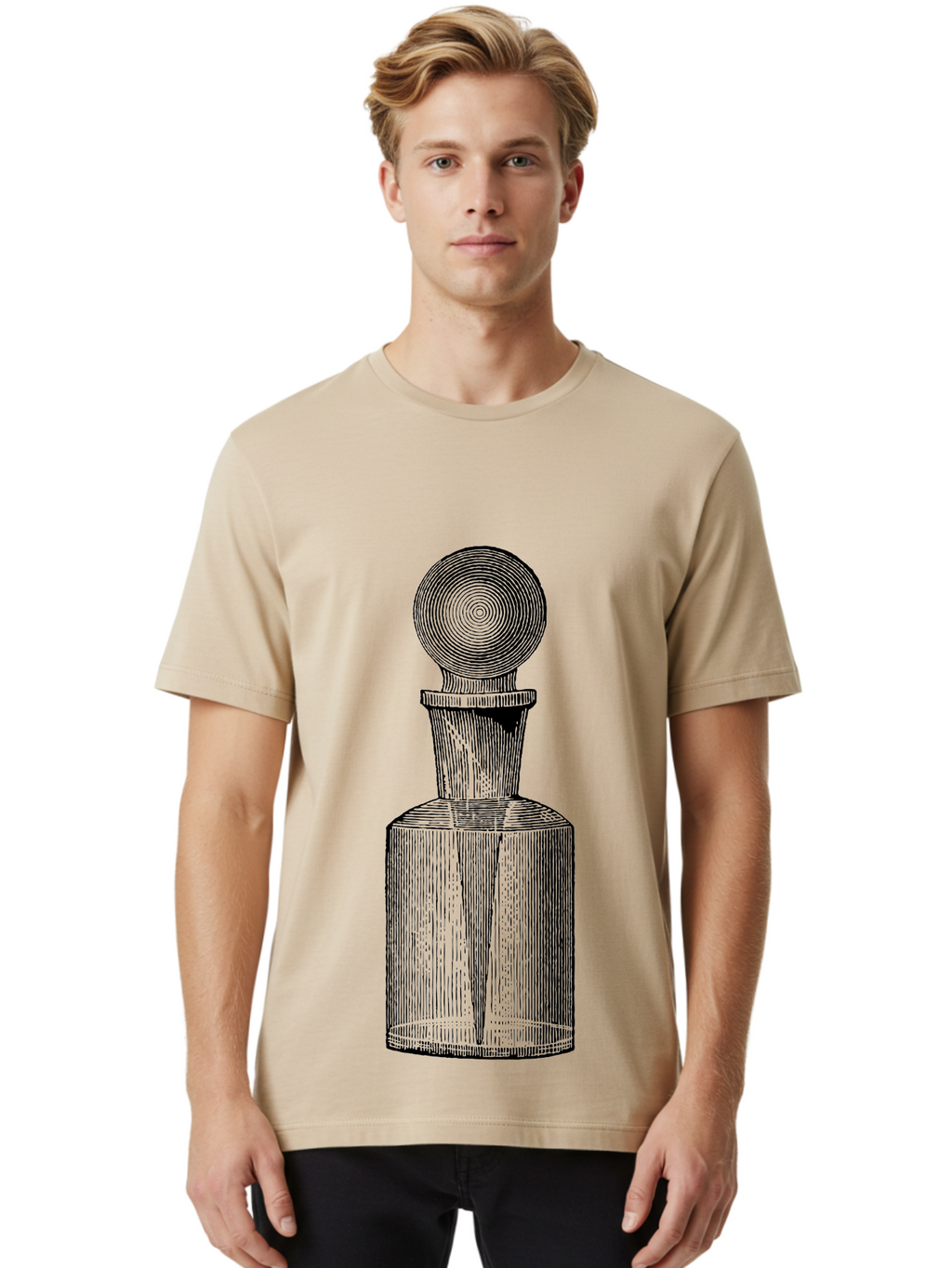 Glass-Bottle Men'S Graphic Tee, 100% Cotton, Comfortable Casual Summer Wear, Machine Washable, Vintage Bottle, Glass Stopper, Elegant Design, Luxury Packaging, Apothecary Jar, Decorative Container, Fine Glassware, Classic Style Aad604