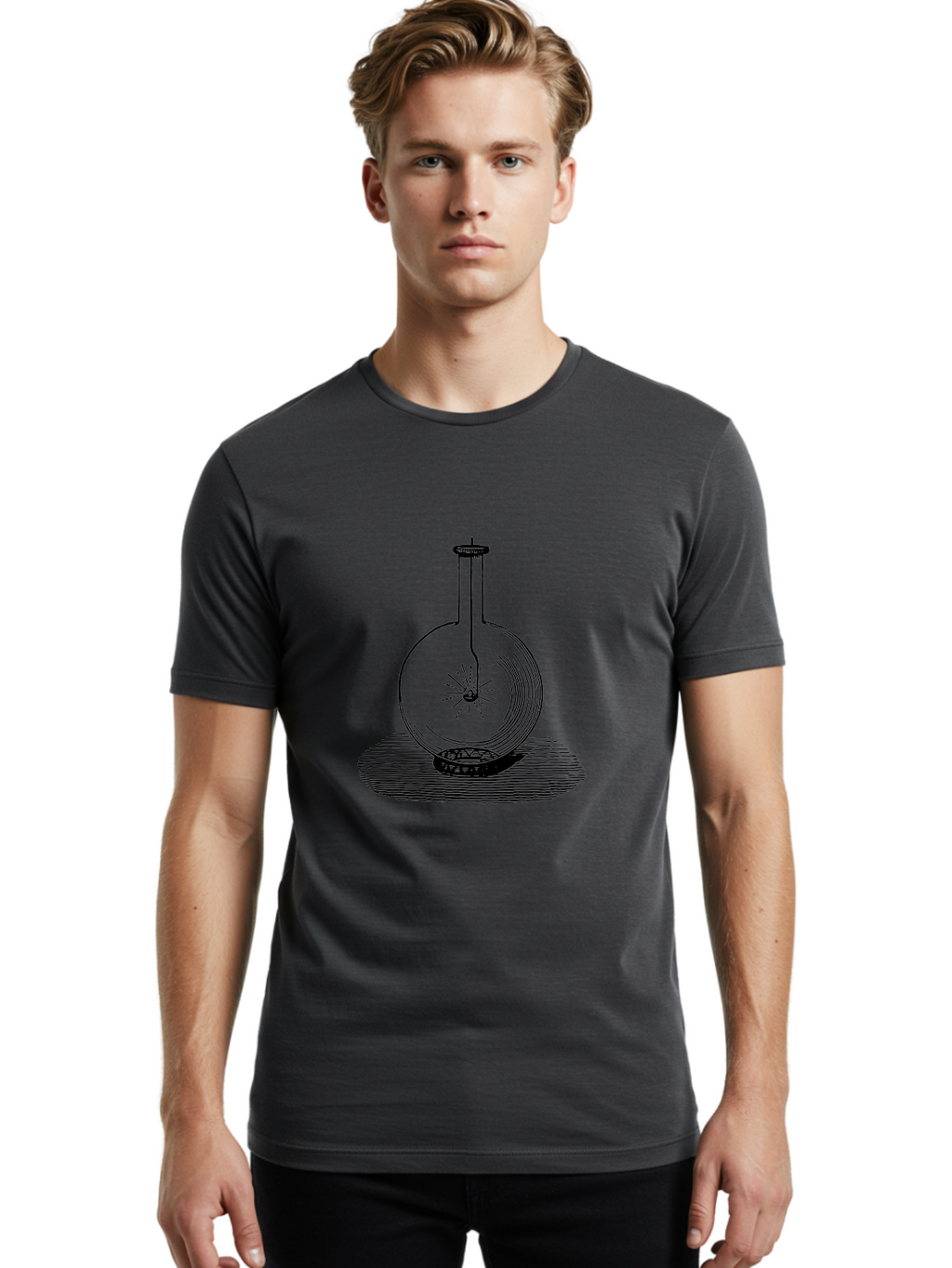 Glass-Flask-1 Men'S Graphic Tee, 100% Cotton, Comfortable Casual Summer Wear, Machine Washable, Cathode Ray Tube, Crookes Tube, Vacuum Tube, Experimental Apparatus, Scientific Equipment, Black And White Illustration, Vintage Style, Aad605