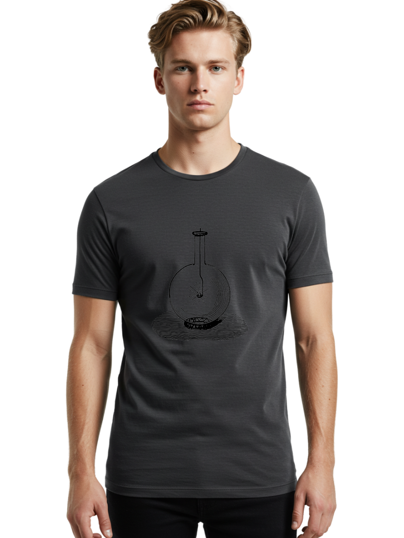 Glass-Flask-1 Men'S Graphic Tee, 100% Cotton, Comfortable Casual Summer Wear, Machine Washable, Cathode Ray Tube, Crookes Tube, Vacuum Tube, Experimental Apparatus, Scientific Equipment, Black And White Illustration, Vintage Style, Aad605