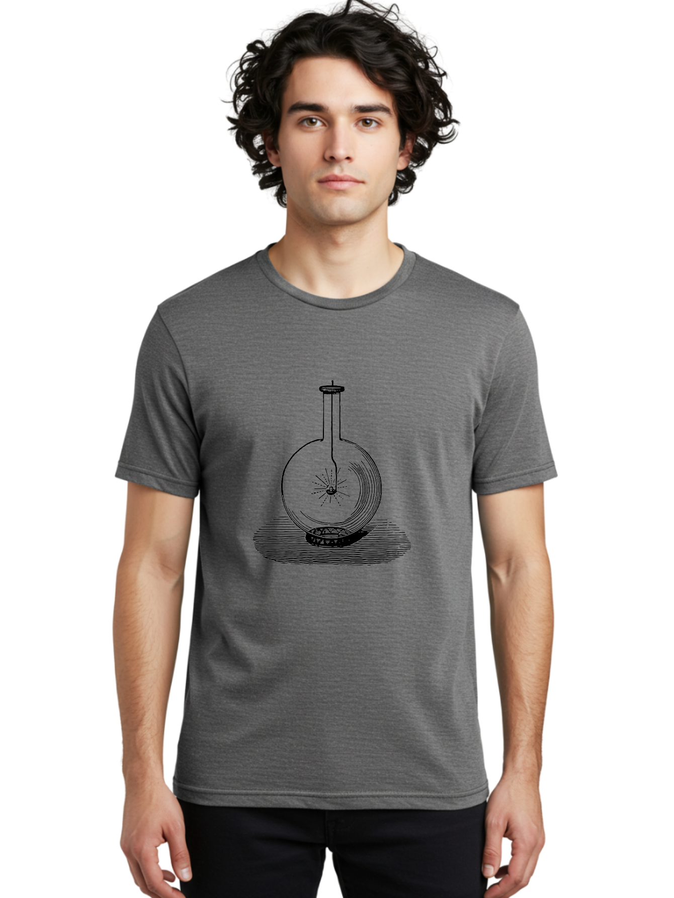 Glass-Flask-1 Men'S Graphic Tee, 100% Cotton, Comfortable Casual Summer Wear, Machine Washable, Cathode Ray Tube, Crookes Tube, Vacuum Tube, Experimental Apparatus, Scientific Equipment, Black And White Illustration, Vintage Style, Aad605