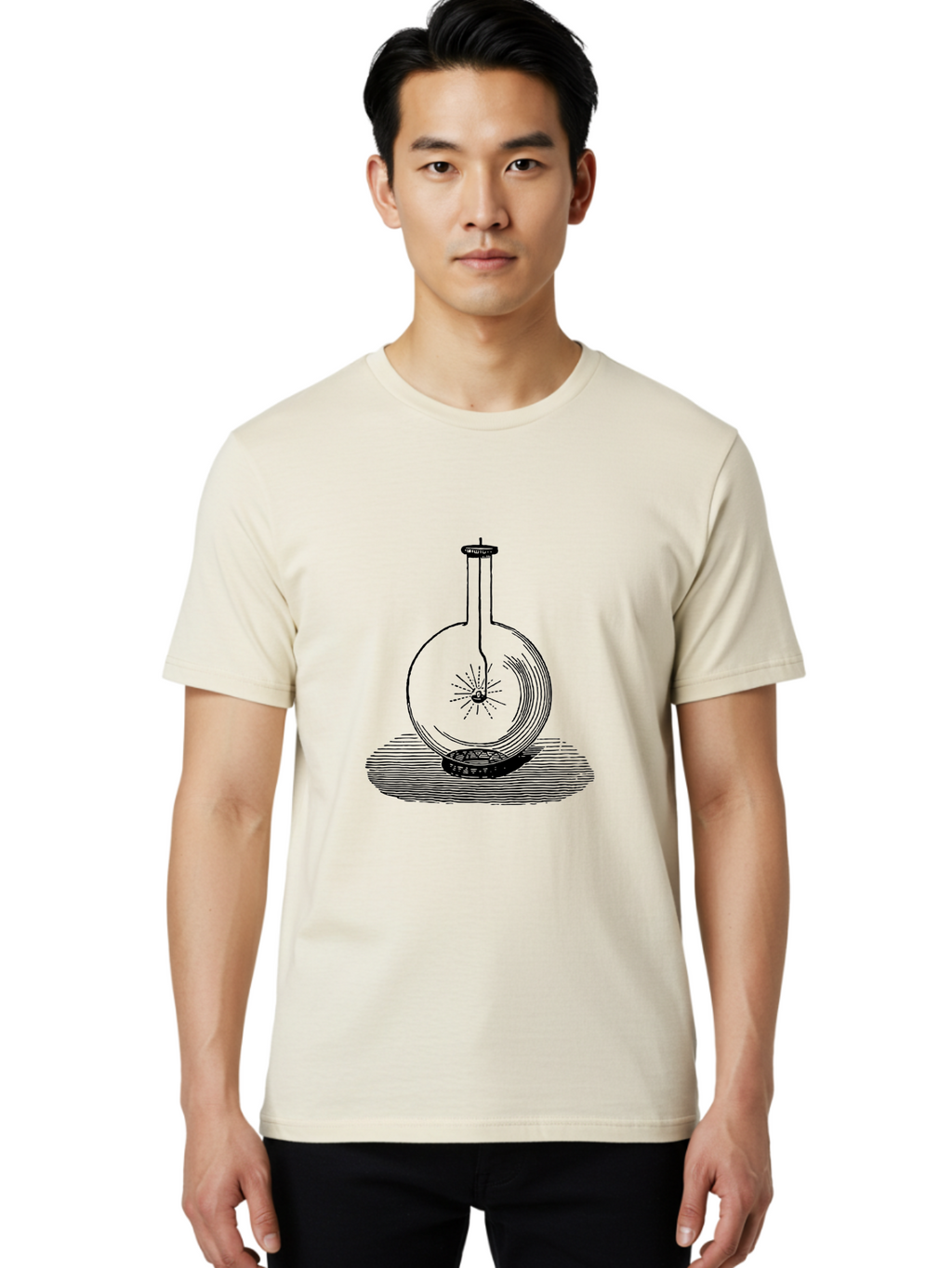 Glass-Flask-1 Men'S Graphic Tee, 100% Cotton, Comfortable Casual Summer Wear, Machine Washable, Cathode Ray Tube, Crookes Tube, Vacuum Tube, Experimental Apparatus, Scientific Equipment, Black And White Illustration, Vintage Style, Aad605