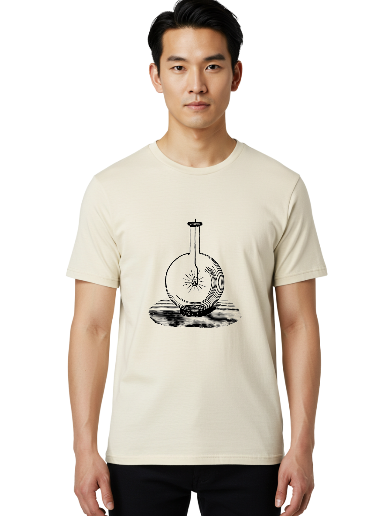 Glass-Flask-1 Men'S Graphic Tee, 100% Cotton, Comfortable Casual Summer Wear, Machine Washable, Cathode Ray Tube, Crookes Tube, Vacuum Tube, Experimental Apparatus, Scientific Equipment, Black And White Illustration, Vintage Style, Aad605