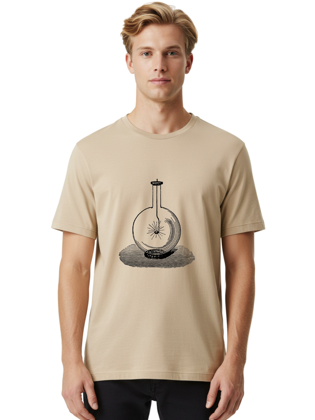 Glass-Flask-1 Men'S Graphic Tee, 100% Cotton, Comfortable Casual Summer Wear, Machine Washable, Cathode Ray Tube, Crookes Tube, Vacuum Tube, Experimental Apparatus, Scientific Equipment, Black And White Illustration, Vintage Style, Aad605