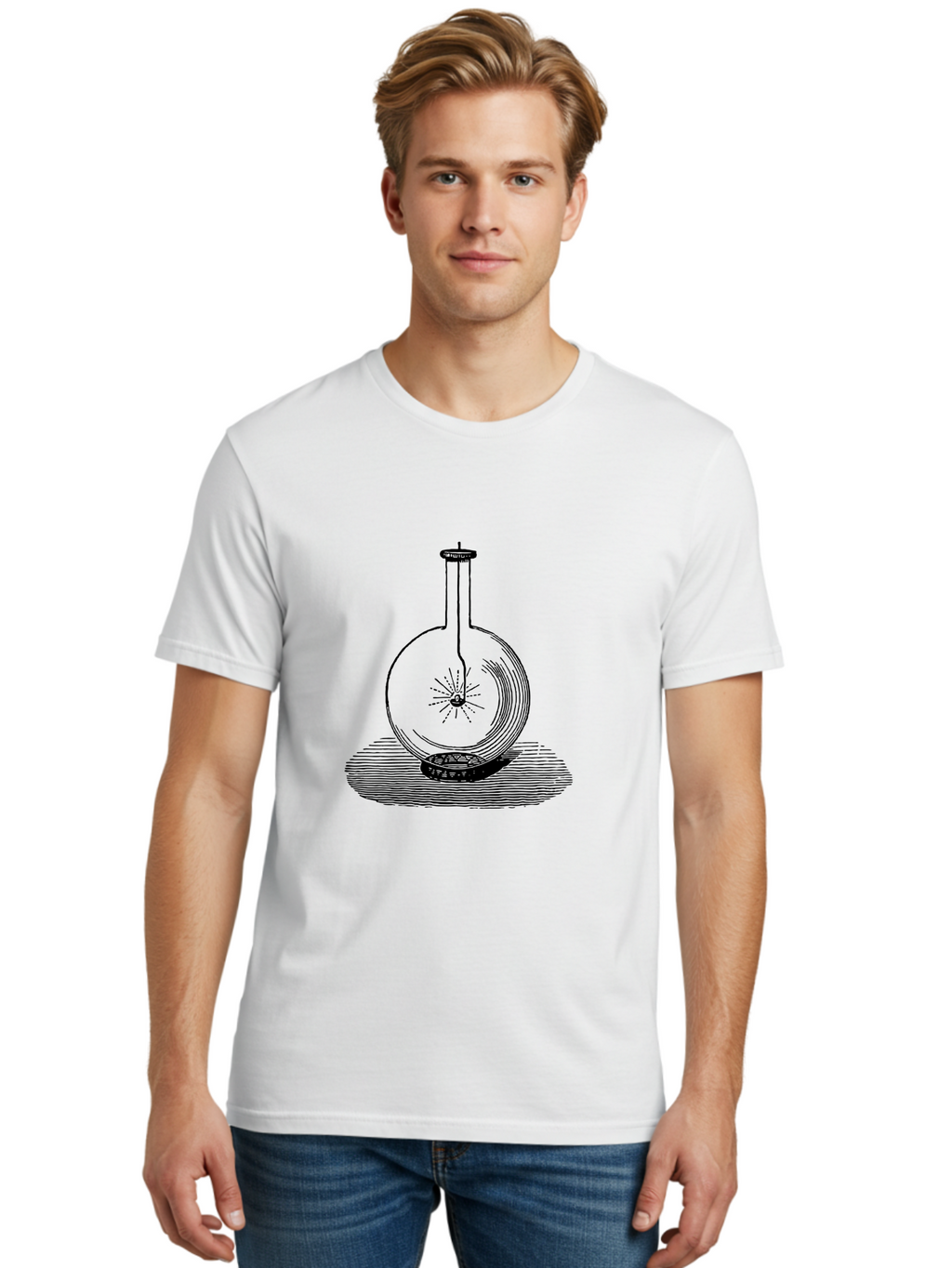 Glass-Flask-1 Men'S Graphic Tee, 100% Cotton, Comfortable Casual Summer Wear, Machine Washable, Cathode Ray Tube, Crookes Tube, Vacuum Tube, Experimental Apparatus, Scientific Equipment, Black And White Illustration, Vintage Style, Aad605