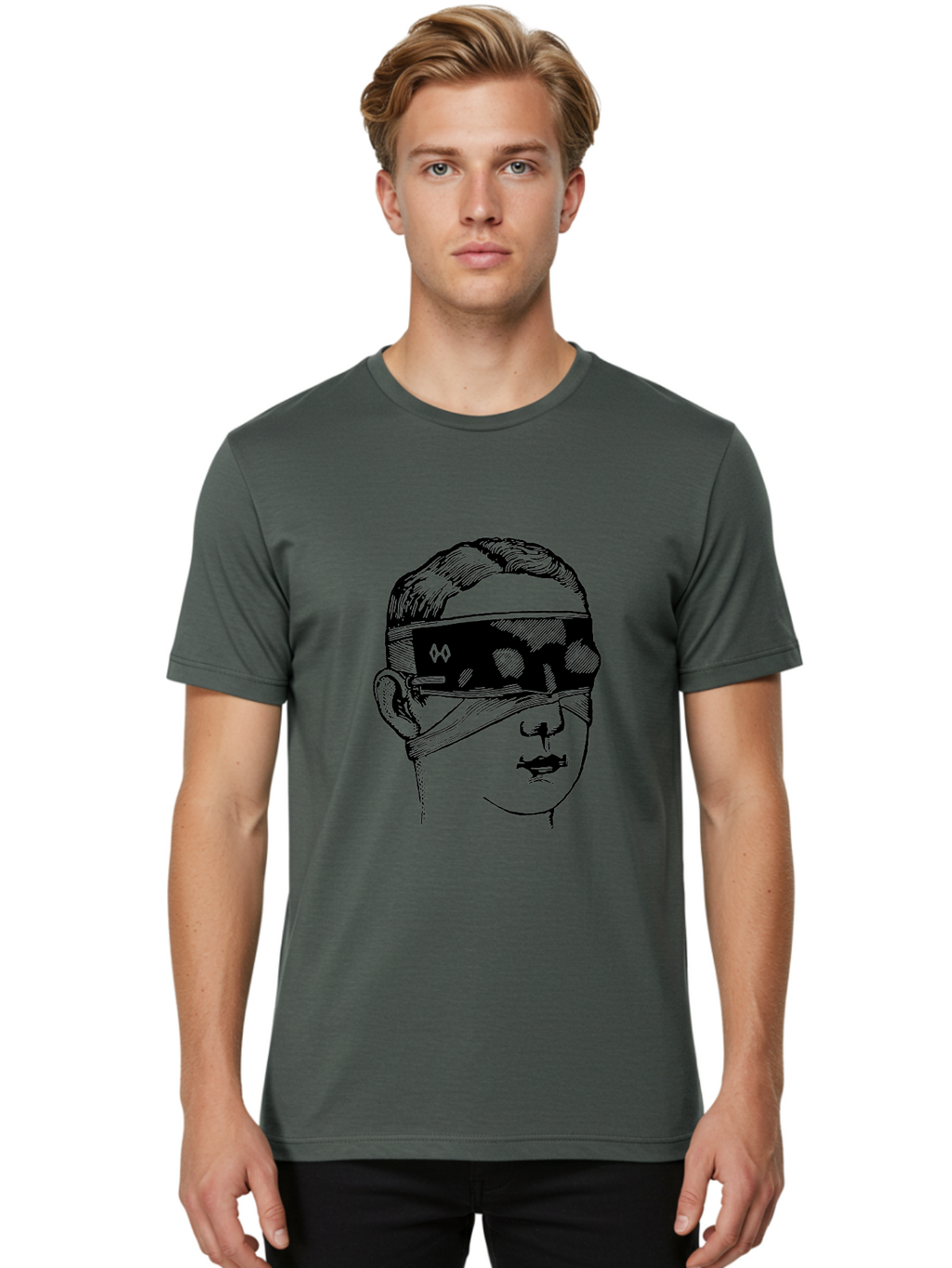 Head-Illustration Men'S Graphic Tee, 100% Cotton, Comfortable Casual Summer Wear, Machine Washable, Vr Headset, Futuristic Tech, Virtual Reality, Futuristic Illustration, Black And Green, Cyberpunk Style, Head Illustration, Sci-Fi Art, Aad608