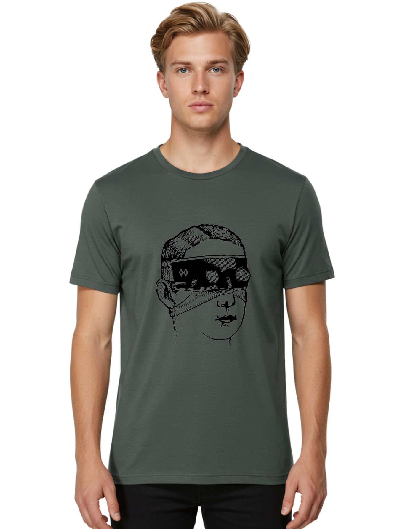 Head-Illustration Men'S Graphic Tee, 100% Cotton, Comfortable Casual Summer Wear, Machine Washable, Vr Headset, Futuristic Tech, Virtual Reality, Futuristic Illustration, Black And Green, Cyberpunk Style, Head Illustration, Sci-Fi Art, Aad608