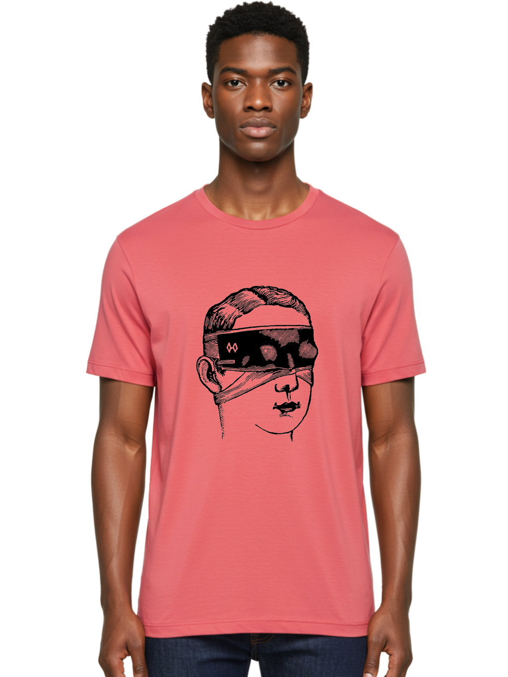 Head-Illustration Men'S Graphic Tee, 100% Cotton, Comfortable Casual Summer Wear, Machine Washable, Vr Headset, Futuristic Tech, Virtual Reality, Futuristic Illustration, Black And Green, Cyberpunk Style, Head Illustration, Sci-Fi Art, Aad608