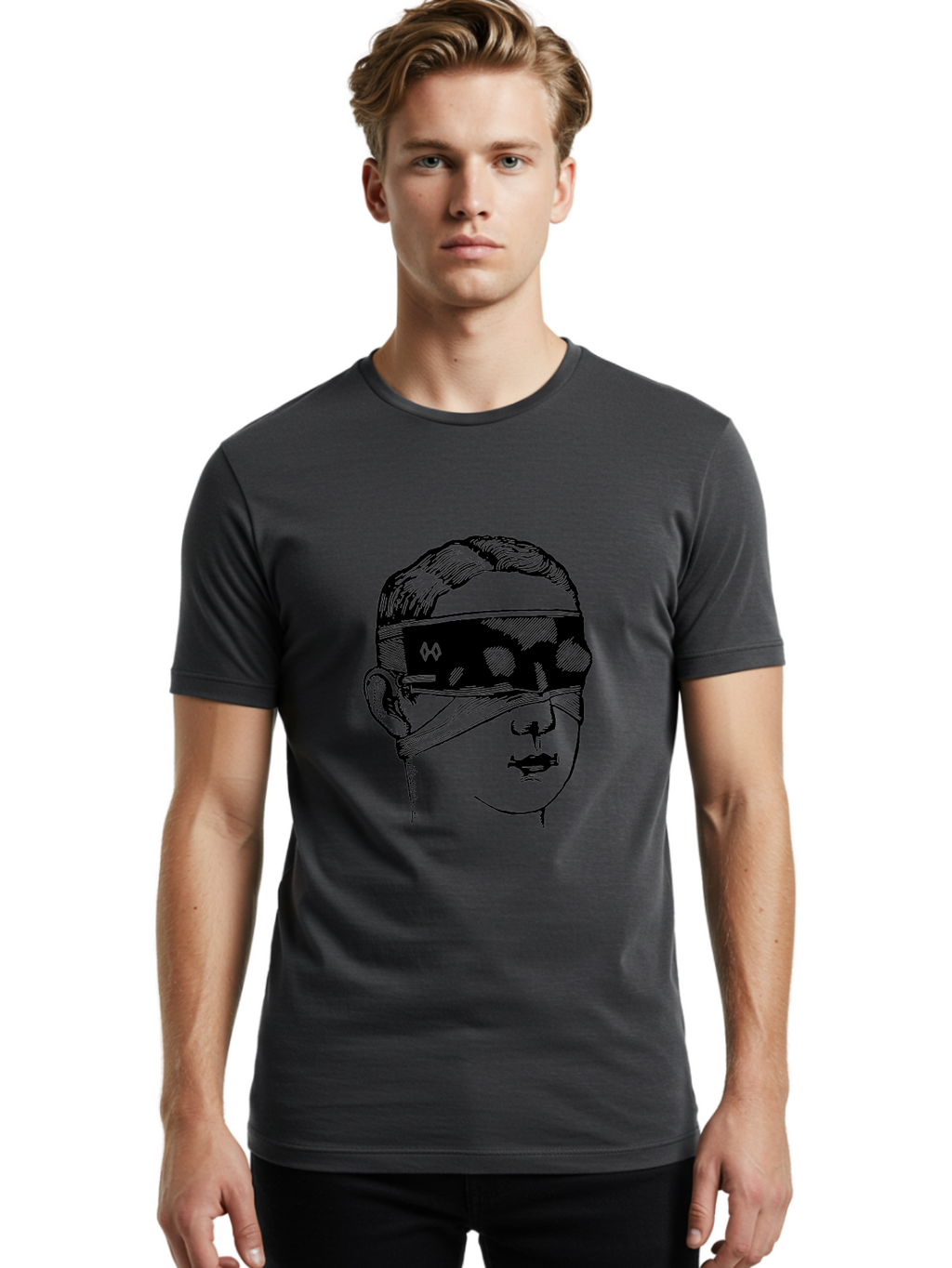 Head-Illustration Men'S Graphic Tee, 100% Cotton, Comfortable Casual Summer Wear, Machine Washable, Vr Headset, Futuristic Tech, Virtual Reality, Futuristic Illustration, Black And Green, Cyberpunk Style, Head Illustration, Sci-Fi Art, Aad608