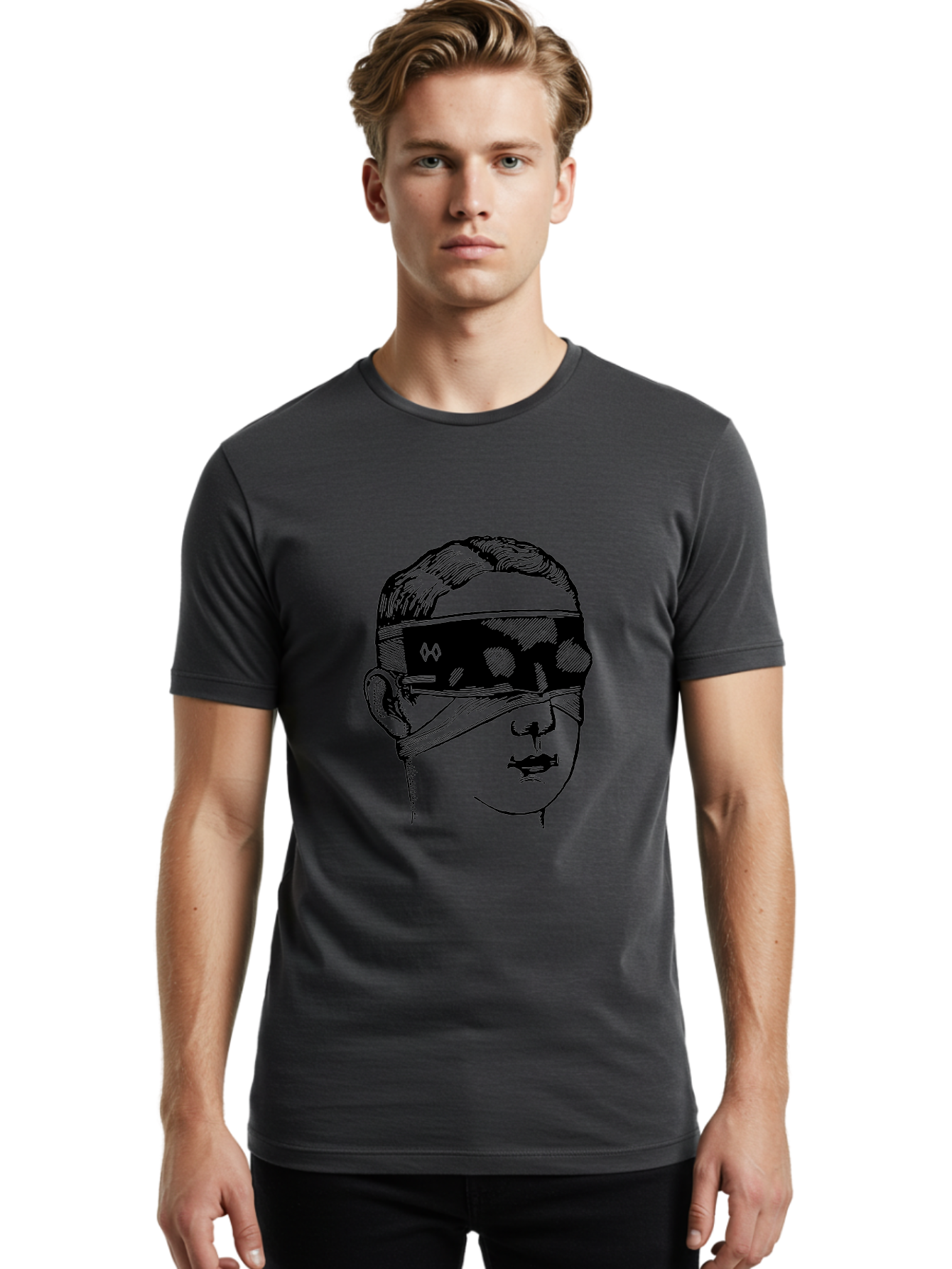 Head-Illustration Men'S Graphic Tee, 100% Cotton, Comfortable Casual Summer Wear, Machine Washable, Vr Headset, Futuristic Tech, Virtual Reality, Futuristic Illustration, Black And Green, Cyberpunk Style, Head Illustration, Sci-Fi Art, Aad608
