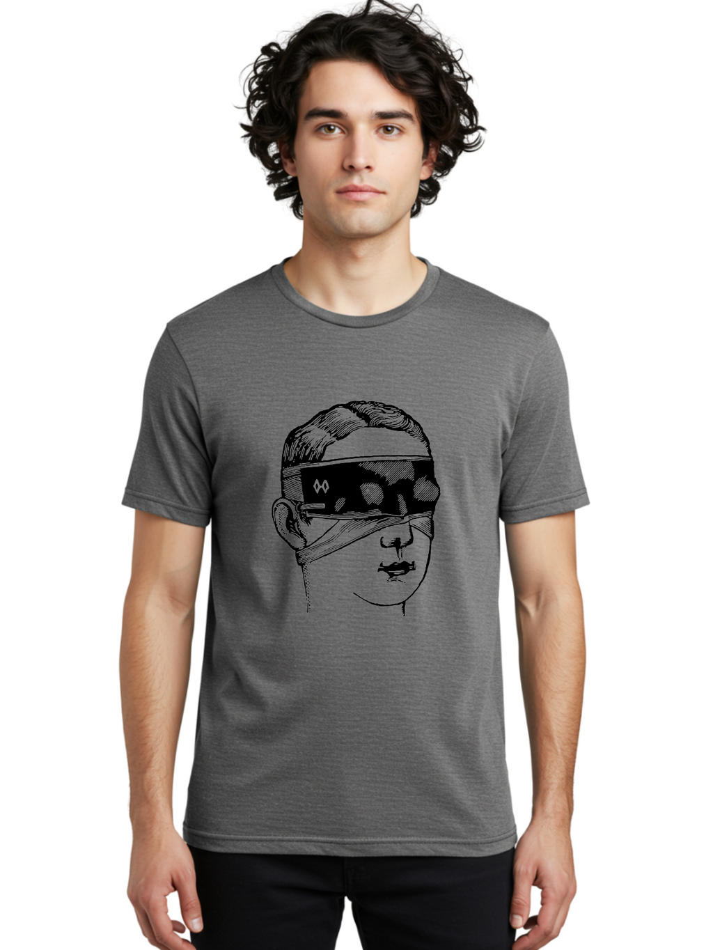 Head-Illustration Men'S Graphic Tee, 100% Cotton, Comfortable Casual Summer Wear, Machine Washable, Vr Headset, Futuristic Tech, Virtual Reality, Futuristic Illustration, Black And Green, Cyberpunk Style, Head Illustration, Sci-Fi Art, Aad608