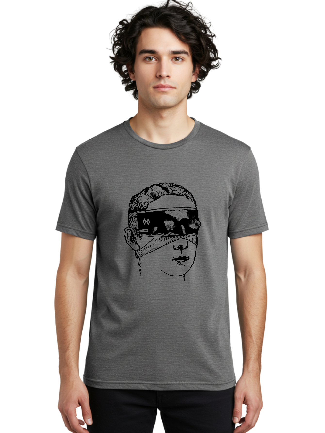 Head-Illustration Men'S Graphic Tee, 100% Cotton, Comfortable Casual Summer Wear, Machine Washable, Vr Headset, Futuristic Tech, Virtual Reality, Futuristic Illustration, Black And Green, Cyberpunk Style, Head Illustration, Sci-Fi Art, Aad608