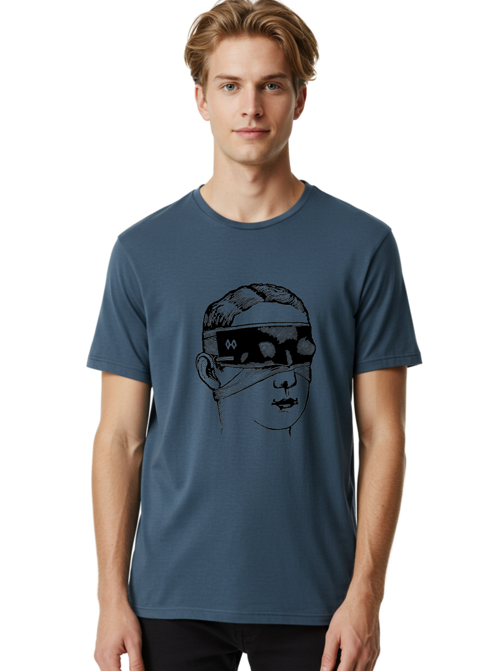 Head-Illustration Men'S Graphic Tee, 100% Cotton, Comfortable Casual Summer Wear, Machine Washable, Vr Headset, Futuristic Tech, Virtual Reality, Futuristic Illustration, Black And Green, Cyberpunk Style, Head Illustration, Sci-Fi Art, Aad608