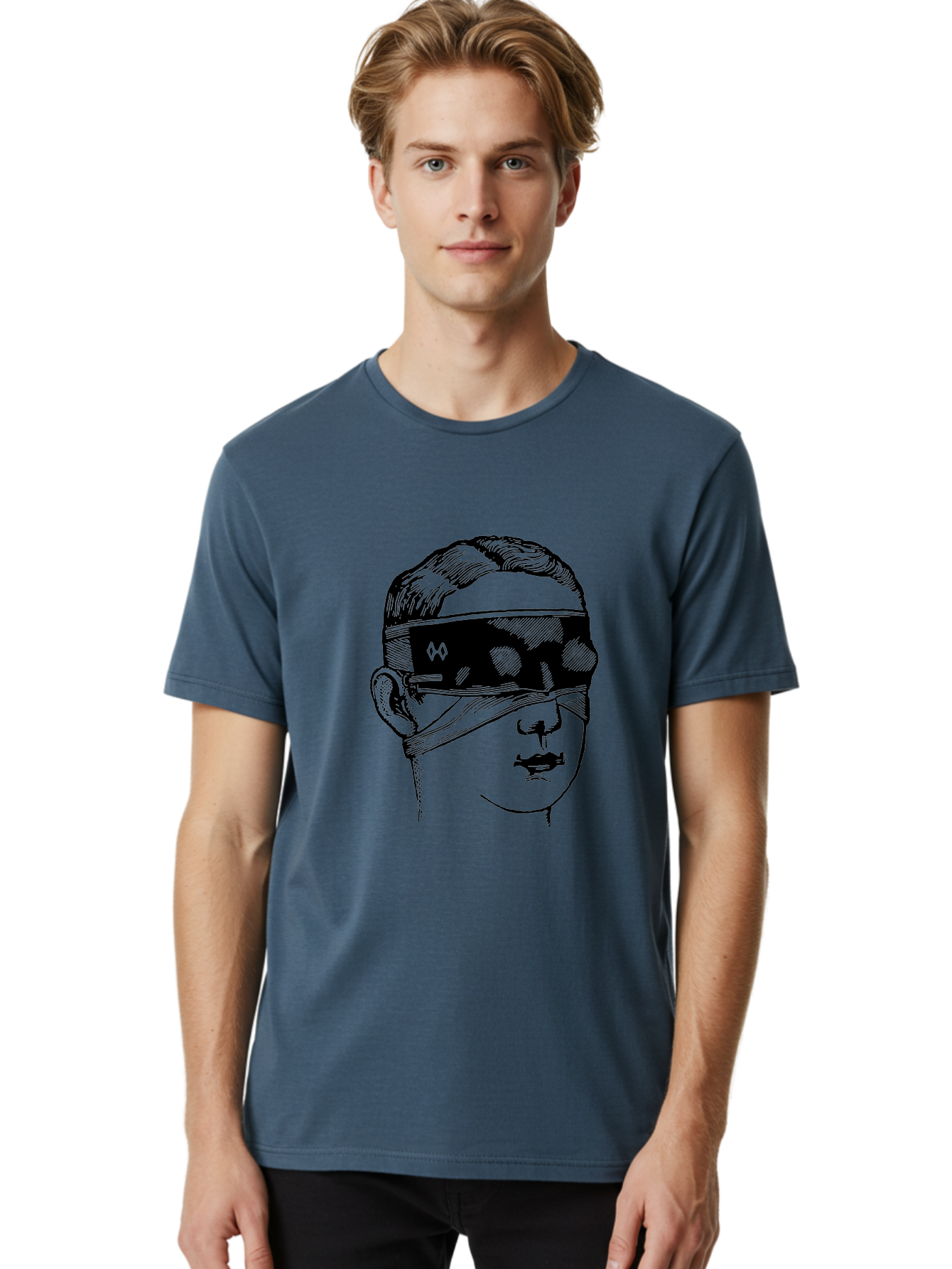 Head-Illustration Men'S Graphic Tee, 100% Cotton, Comfortable Casual Summer Wear, Machine Washable, Vr Headset, Futuristic Tech, Virtual Reality, Futuristic Illustration, Black And Green, Cyberpunk Style, Head Illustration, Sci-Fi Art, Aad608