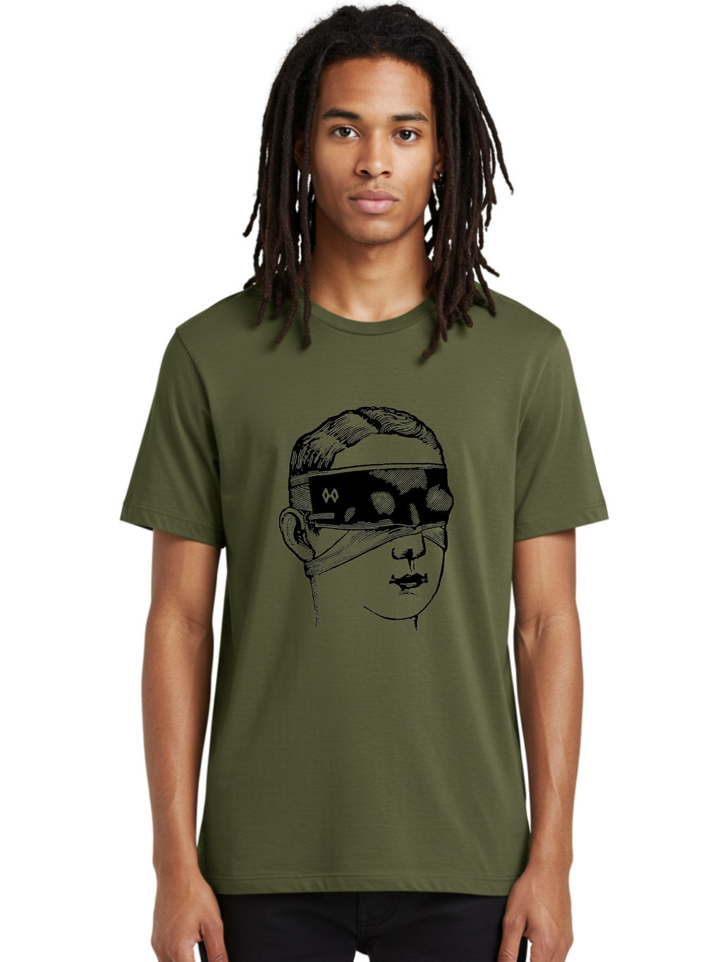 Head-Illustration Men'S Graphic Tee, 100% Cotton, Comfortable Casual Summer Wear, Machine Washable, Vr Headset, Futuristic Tech, Virtual Reality, Futuristic Illustration, Black And Green, Cyberpunk Style, Head Illustration, Sci-Fi Art, Aad608