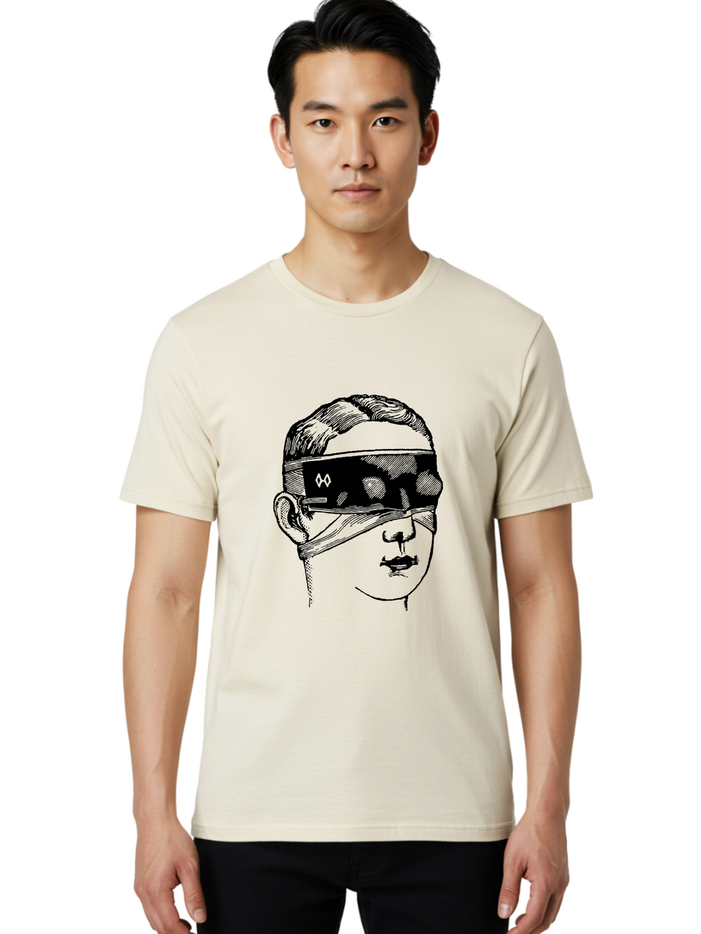 Head-Illustration Men'S Graphic Tee, 100% Cotton, Comfortable Casual Summer Wear, Machine Washable, Vr Headset, Futuristic Tech, Virtual Reality, Futuristic Illustration, Black And Green, Cyberpunk Style, Head Illustration, Sci-Fi Art, Aad608
