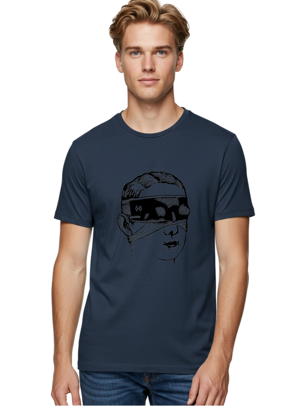 Head-Illustration Men'S Graphic Tee, 100% Cotton, Comfortable Casual Summer Wear, Machine Washable, Vr Headset, Futuristic Tech, Virtual Reality, Futuristic Illustration, Black And Green, Cyberpunk Style, Head Illustration, Sci-Fi Art, Aad608