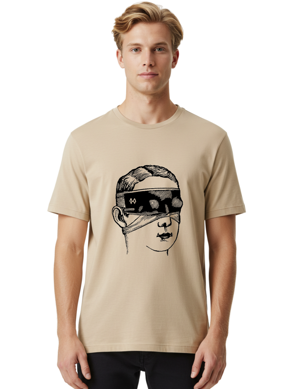Head-Illustration Men'S Graphic Tee, 100% Cotton, Comfortable Casual Summer Wear, Machine Washable, Vr Headset, Futuristic Tech, Virtual Reality, Futuristic Illustration, Black And Green, Cyberpunk Style, Head Illustration, Sci-Fi Art, Aad608