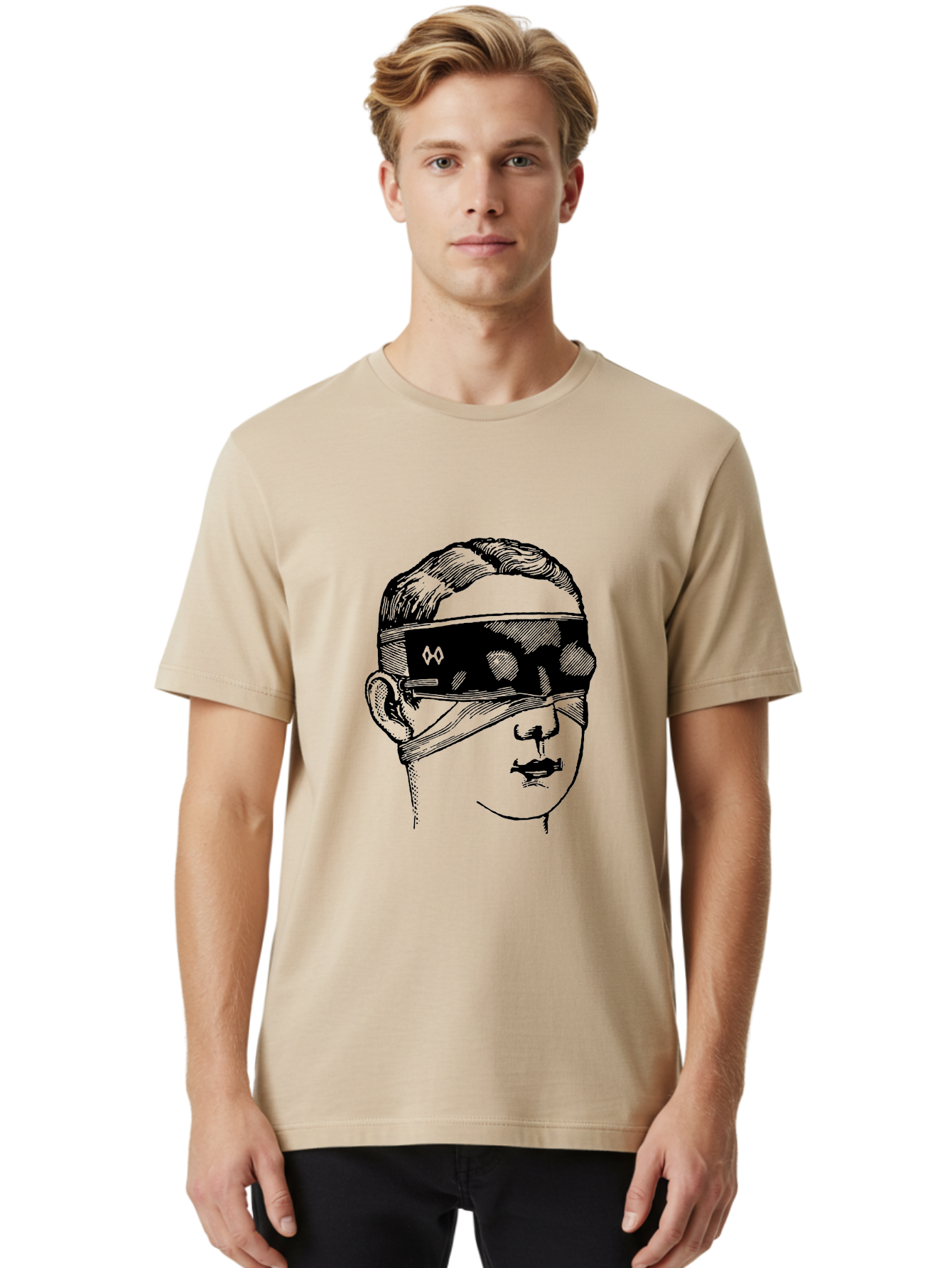 Head-Illustration Men'S Graphic Tee, 100% Cotton, Comfortable Casual Summer Wear, Machine Washable, Vr Headset, Futuristic Tech, Virtual Reality, Futuristic Illustration, Black And Green, Cyberpunk Style, Head Illustration, Sci-Fi Art, Aad608