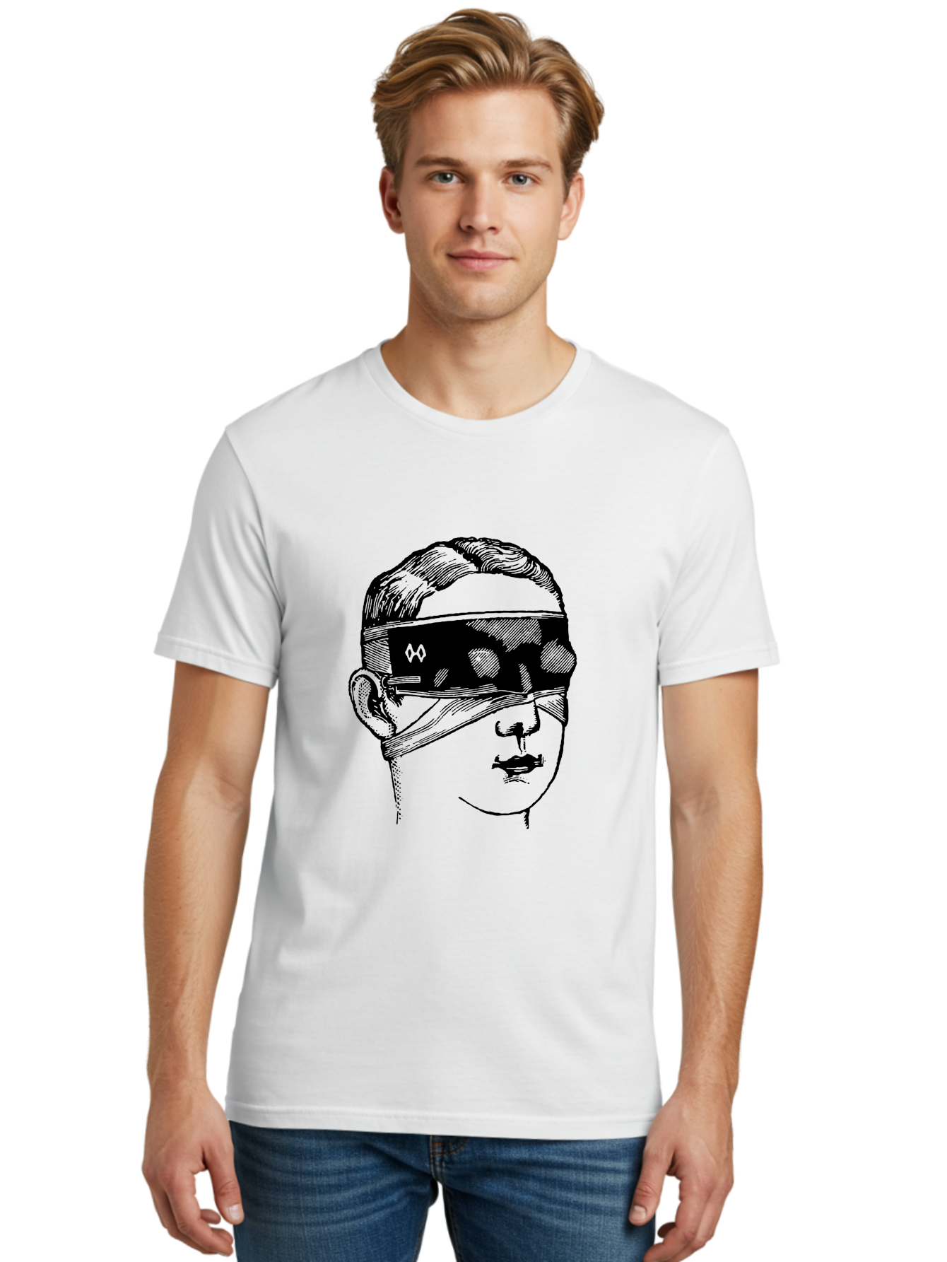 Head-Illustration Men'S Graphic Tee, 100% Cotton, Comfortable Casual Summer Wear, Machine Washable, Vr Headset, Futuristic Tech, Virtual Reality, Futuristic Illustration, Black And Green, Cyberpunk Style, Head Illustration, Sci-Fi Art, Aad608