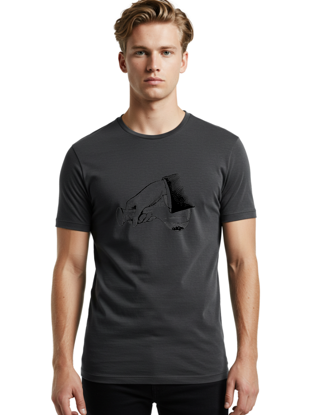 Hourglass Men'S Graphic Tee, 100% Cotton, Comfortable Casual Summer Wear, Machine Washable, Hand Holding Flask, Glass Container, Liquid Pouring, Scientific Experiment, Laboratory Equipment, Chemistry, Vintage Illustration, Aad610