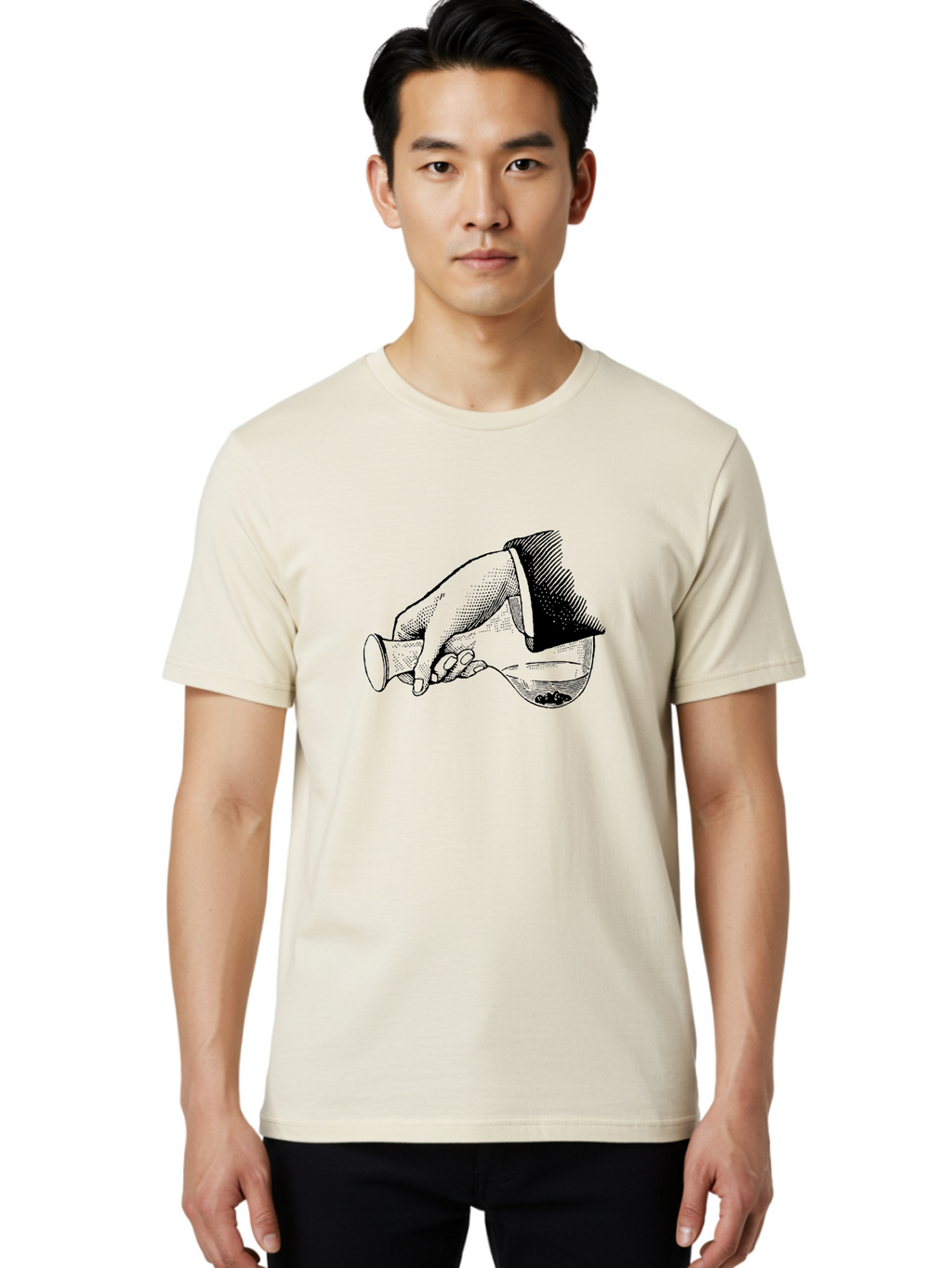 Hourglass Men'S Graphic Tee, 100% Cotton, Comfortable Casual Summer Wear, Machine Washable, Hand Holding Flask, Glass Container, Liquid Pouring, Scientific Experiment, Laboratory Equipment, Chemistry, Vintage Illustration, Aad610