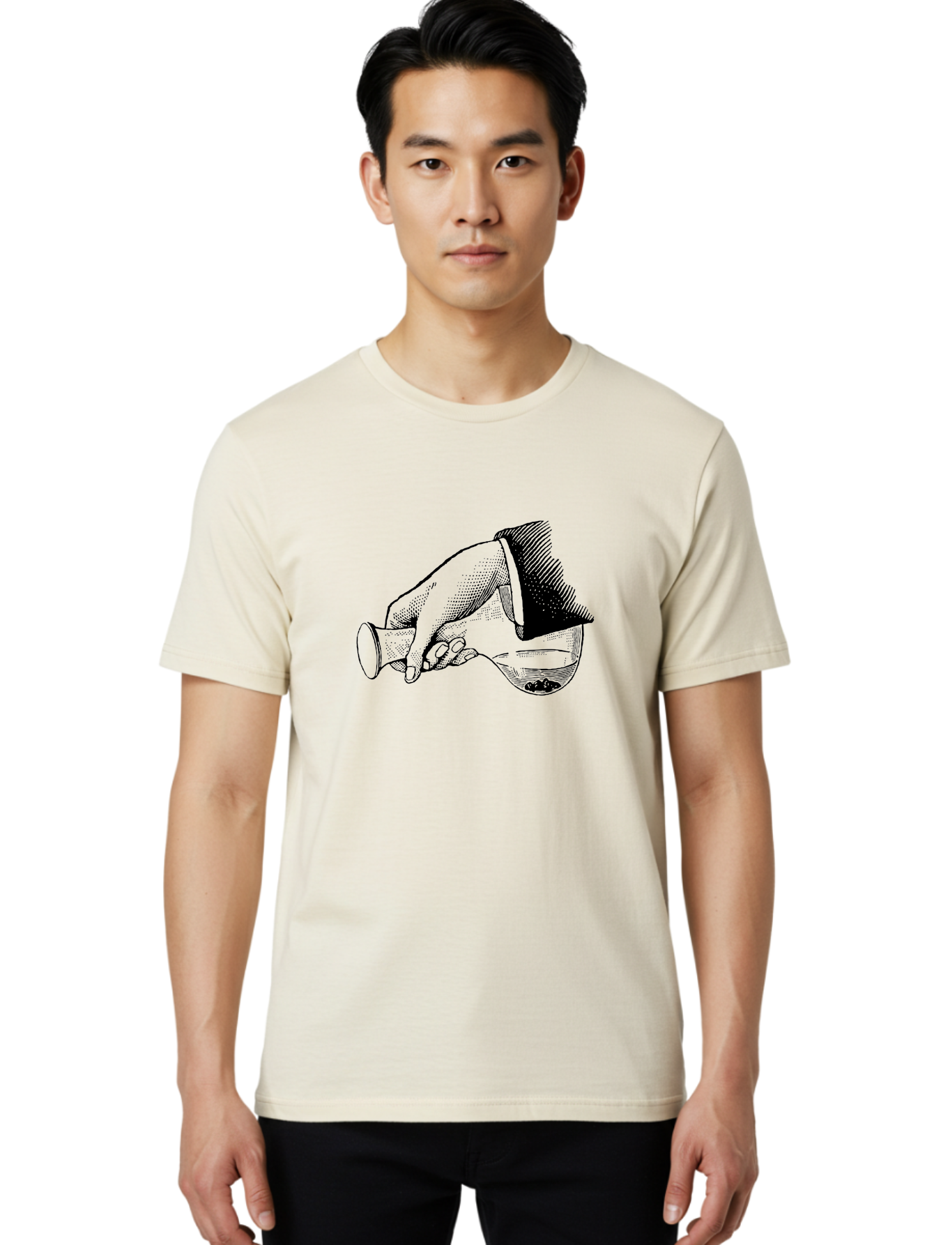 Hourglass Men'S Graphic Tee, 100% Cotton, Comfortable Casual Summer Wear, Machine Washable, Hand Holding Flask, Glass Container, Liquid Pouring, Scientific Experiment, Laboratory Equipment, Chemistry, Vintage Illustration, Aad610