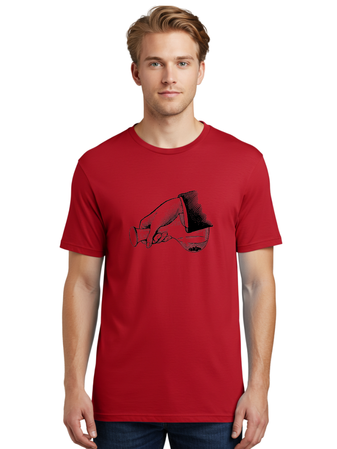 Hourglass Men'S Graphic Tee, 100% Cotton, Comfortable Casual Summer Wear, Machine Washable, Hand Holding Flask, Glass Container, Liquid Pouring, Scientific Experiment, Laboratory Equipment, Chemistry, Vintage Illustration, Aad610