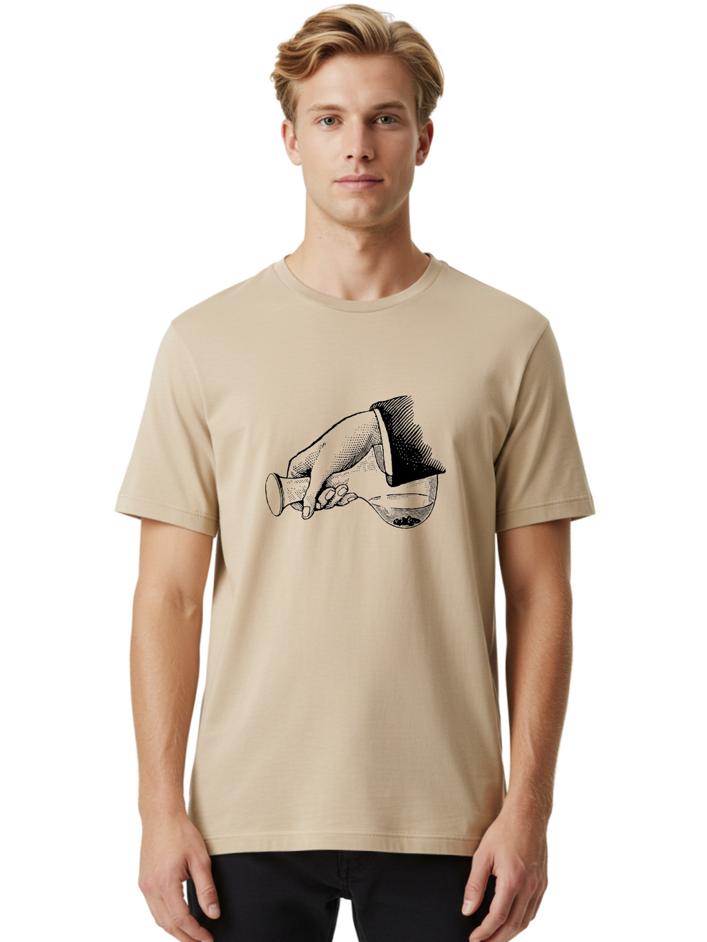 Hourglass Men'S Graphic Tee, 100% Cotton, Comfortable Casual Summer Wear, Machine Washable, Hand Holding Flask, Glass Container, Liquid Pouring, Scientific Experiment, Laboratory Equipment, Chemistry, Vintage Illustration, Aad610