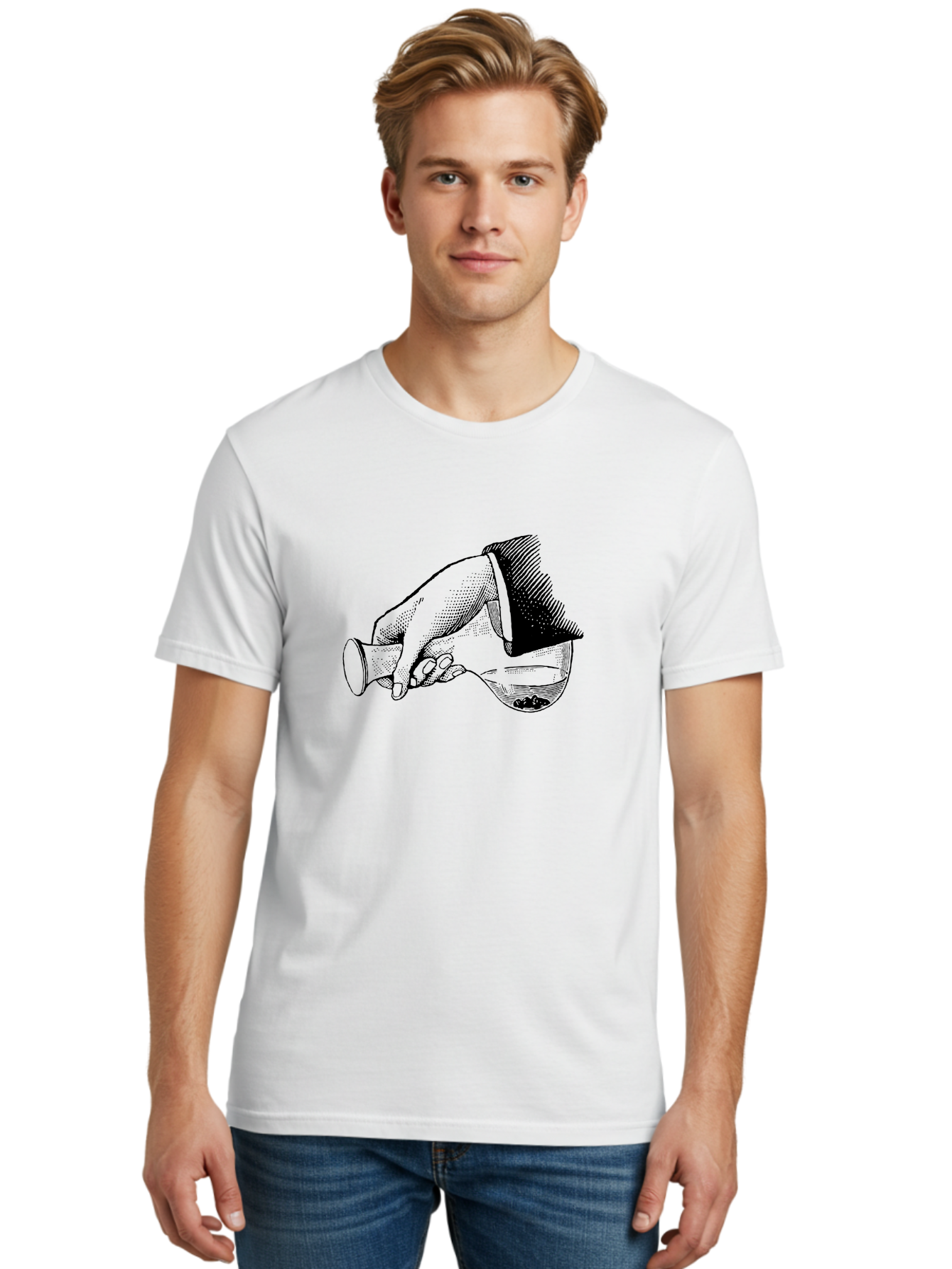 Hourglass Men'S Graphic Tee, 100% Cotton, Comfortable Casual Summer Wear, Machine Washable, Hand Holding Flask, Glass Container, Liquid Pouring, Scientific Experiment, Laboratory Equipment, Chemistry, Vintage Illustration, Aad610