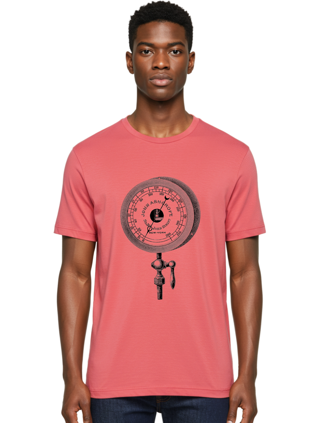 John-Ashcroft-Barometer Men'S Graphic Tee, 100% Cotton, Comfortable Casual Summer Wear, Machine Washable, Vintage Pressure Gauge, Antique Measuring Device, John Ashcroft New York, Industrial Equipment, Mechanical Dial, Precision Instrument, Aad611