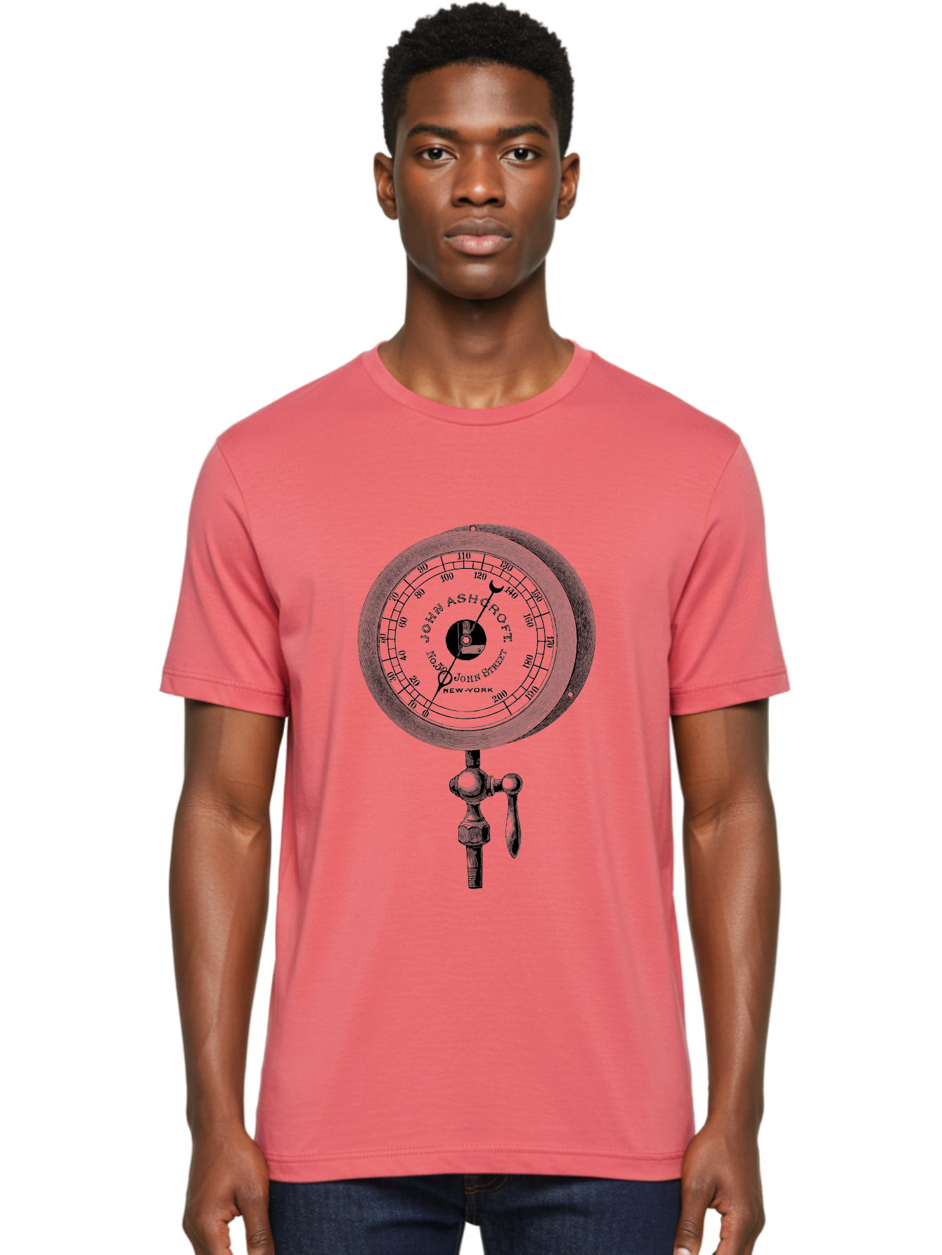John-Ashcroft-Barometer Men'S Graphic Tee, 100% Cotton, Comfortable Casual Summer Wear, Machine Washable, Vintage Pressure Gauge, Antique Measuring Device, John Ashcroft New York, Industrial Equipment, Mechanical Dial, Precision Instrument, Aad611