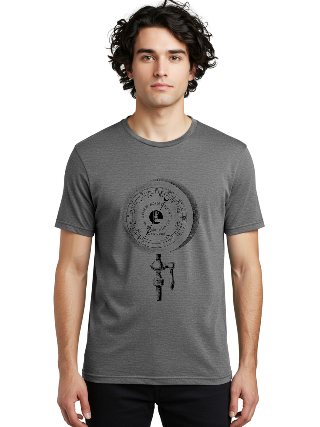 John-Ashcroft-Barometer Men'S Graphic Tee, 100% Cotton, Comfortable Casual Summer Wear, Machine Washable, Vintage Pressure Gauge, Antique Measuring Device, John Ashcroft New York, Industrial Equipment, Mechanical Dial, Precision Instrument, Aad611