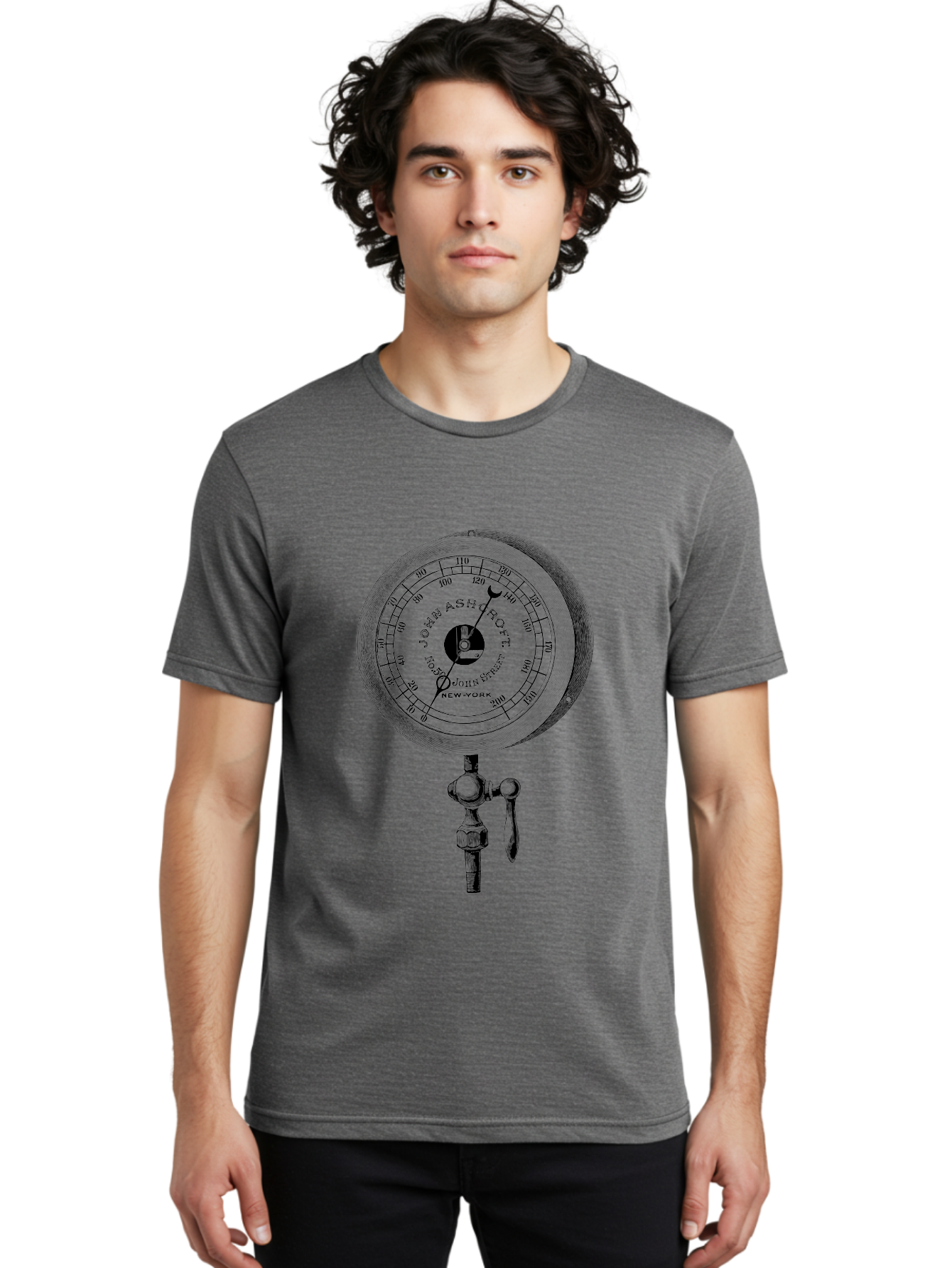 John-Ashcroft-Barometer Men'S Graphic Tee, 100% Cotton, Comfortable Casual Summer Wear, Machine Washable, Vintage Pressure Gauge, Antique Measuring Device, John Ashcroft New York, Industrial Equipment, Mechanical Dial, Precision Instrument, Aad611