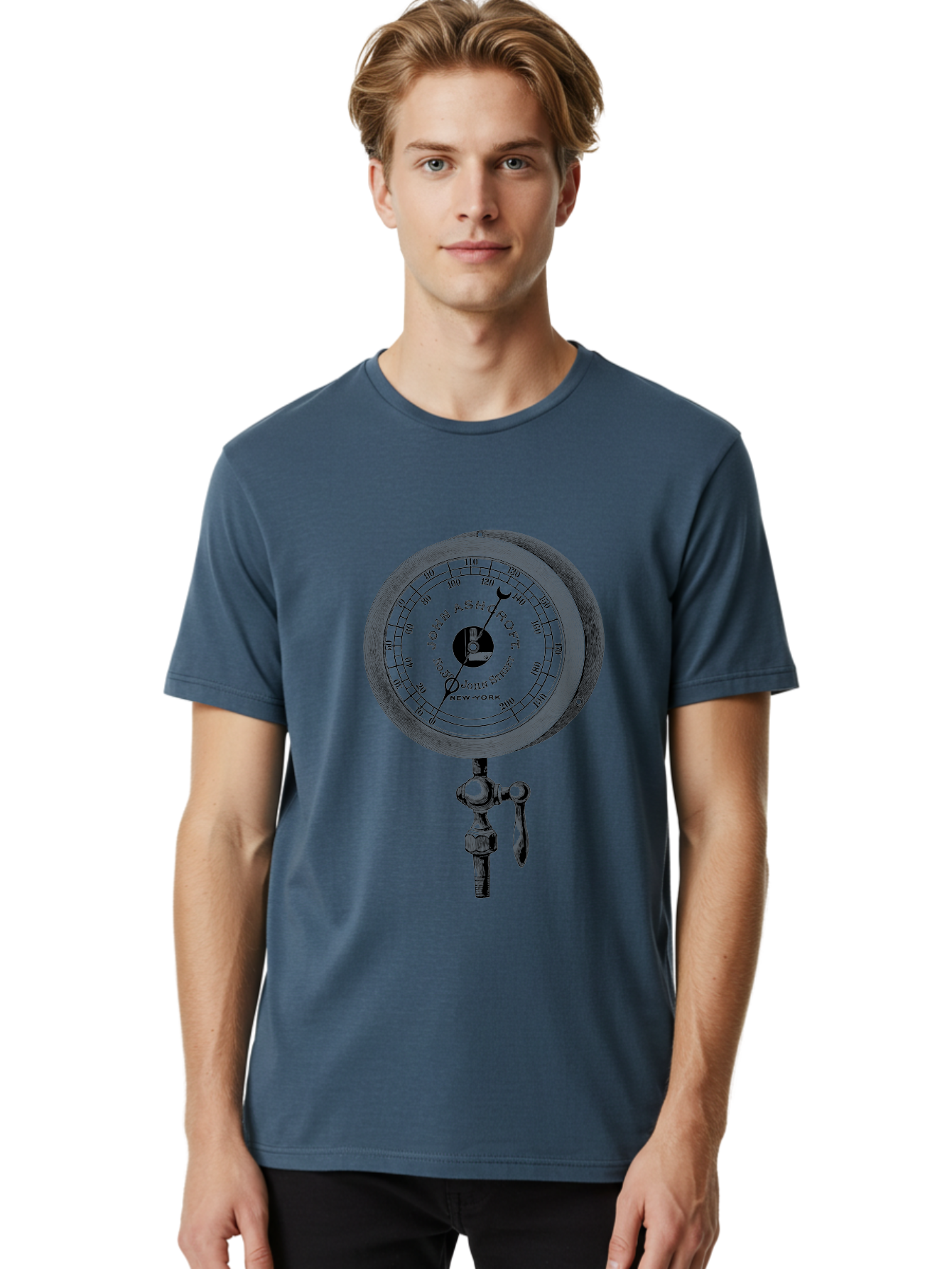 John-Ashcroft-Barometer Men'S Graphic Tee, 100% Cotton, Comfortable Casual Summer Wear, Machine Washable, Vintage Pressure Gauge, Antique Measuring Device, John Ashcroft New York, Industrial Equipment, Mechanical Dial, Precision Instrument, Aad611