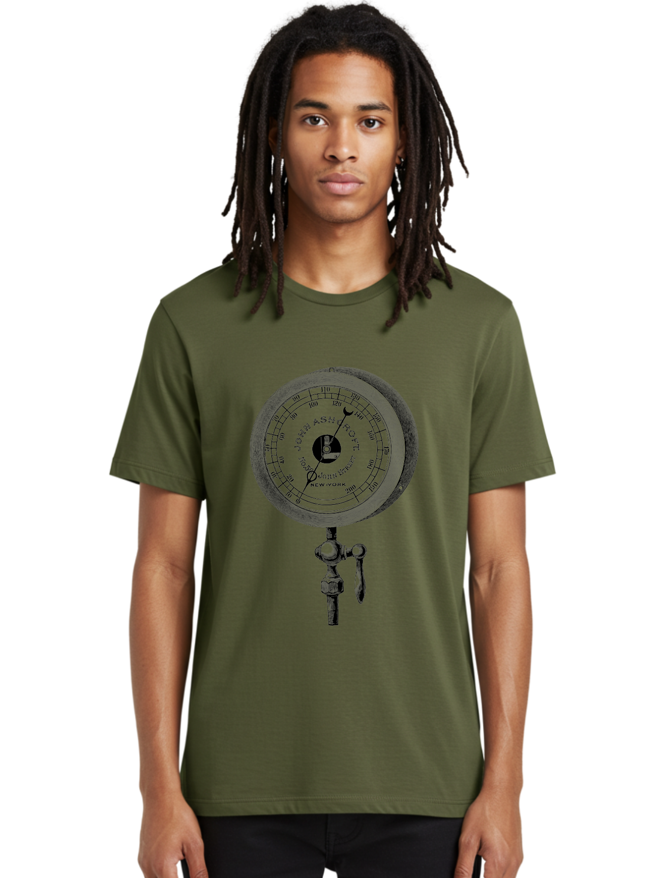 John-Ashcroft-Barometer Men'S Graphic Tee, 100% Cotton, Comfortable Casual Summer Wear, Machine Washable, Vintage Pressure Gauge, Antique Measuring Device, John Ashcroft New York, Industrial Equipment, Mechanical Dial, Precision Instrument, Aad611
