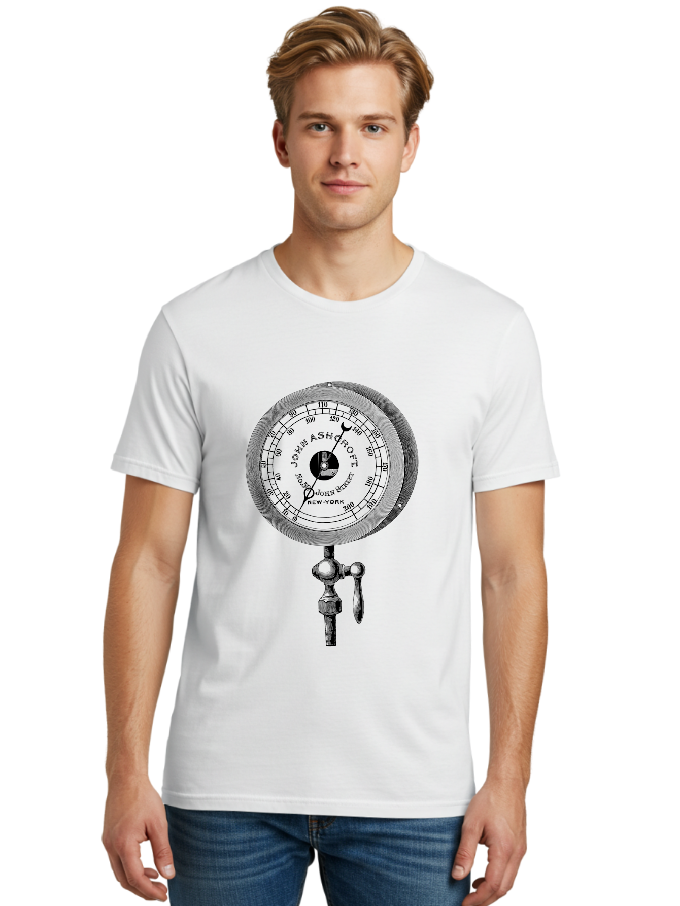 John-Ashcroft-Barometer Men'S Graphic Tee, 100% Cotton, Comfortable Casual Summer Wear, Machine Washable, Vintage Pressure Gauge, Antique Measuring Device, John Ashcroft New York, Industrial Equipment, Mechanical Dial, Precision Instrument, Aad611